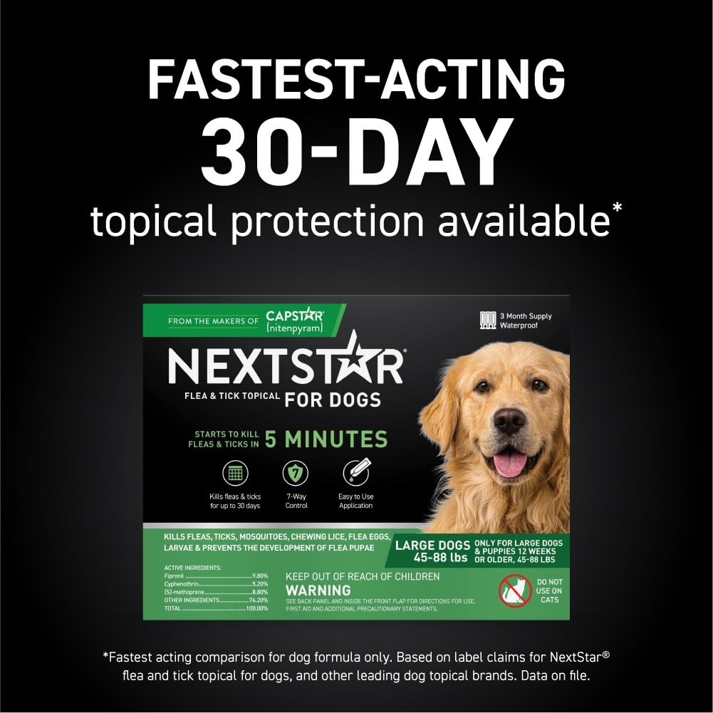 Nextstar Flea And Tick Prevention For Dogs, Dog Flea And Tick Treatment, Waterproof Topical, Fast Acting, Large Dogs (45-88 Lbs), 3 Doses