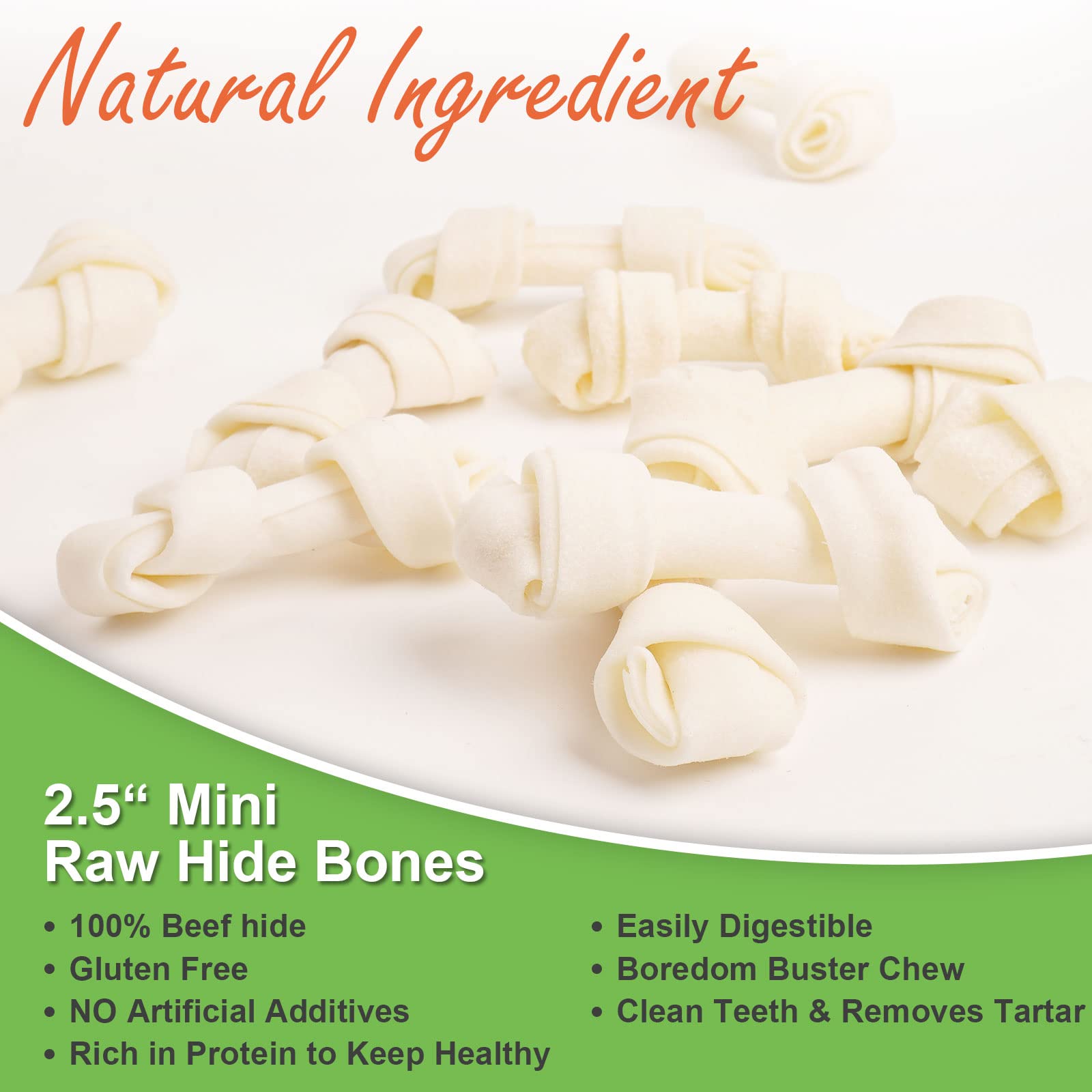 MON2SUN Rawhide Knot Bones - Small Natural Chew Bones, 2.5 Inch, 100 Count for Puppies and Small Dogs