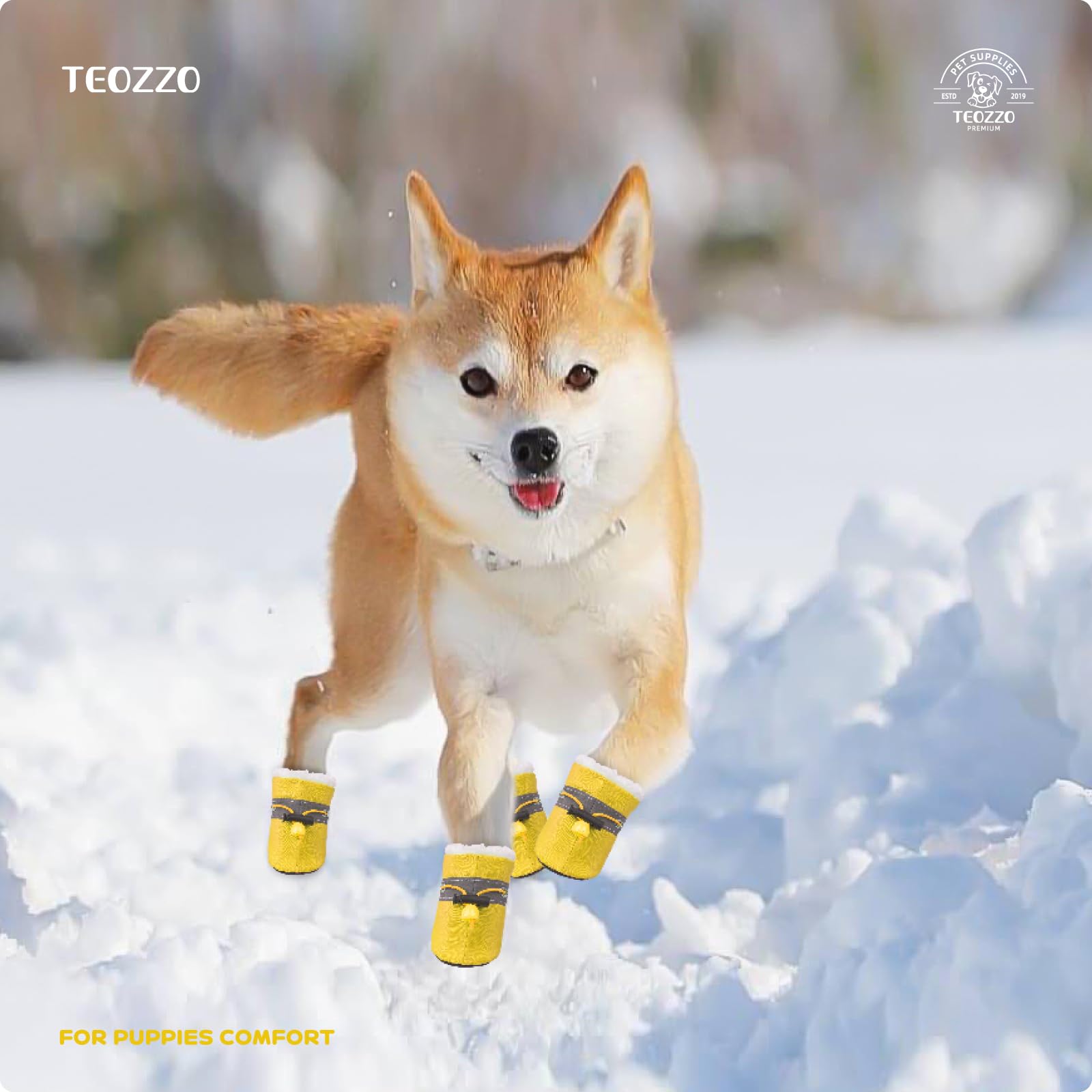 Teozzo Dog Shoes For Winter Dogs Boots & Paw Protector Warm Pet Booties For Puppy With Reflective Strip Dog Snow Boots For Small Medium Size Dogs 4Pcs Yellow Size3