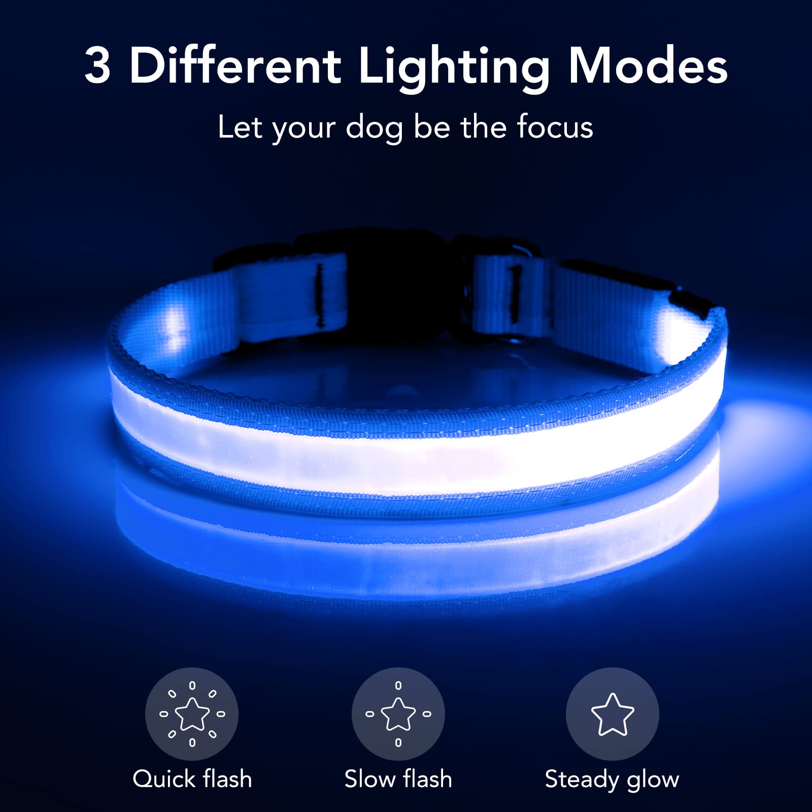 VIZPET LED Dog Collar - Adjustable, USB Rechargeable, Super Bright, Medium 14.96-19.68 inch, Blue, Thermoplastic Polyurethane Material