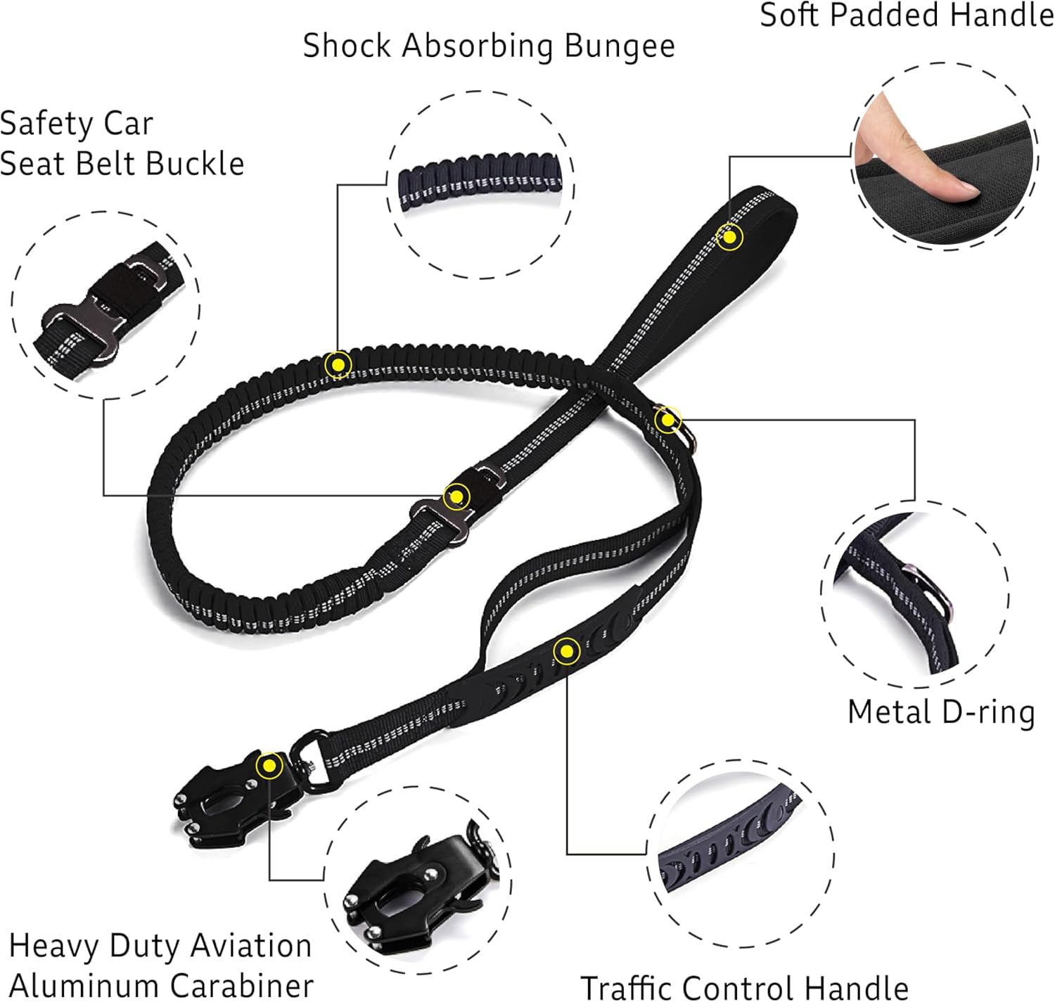 4-6FT Heavy Duty Dog Leash for Large Dogs, Shock Absorbing Bungee Tactical Dog Leash with 2 Padded Handle, Car Seatbelt and Meta