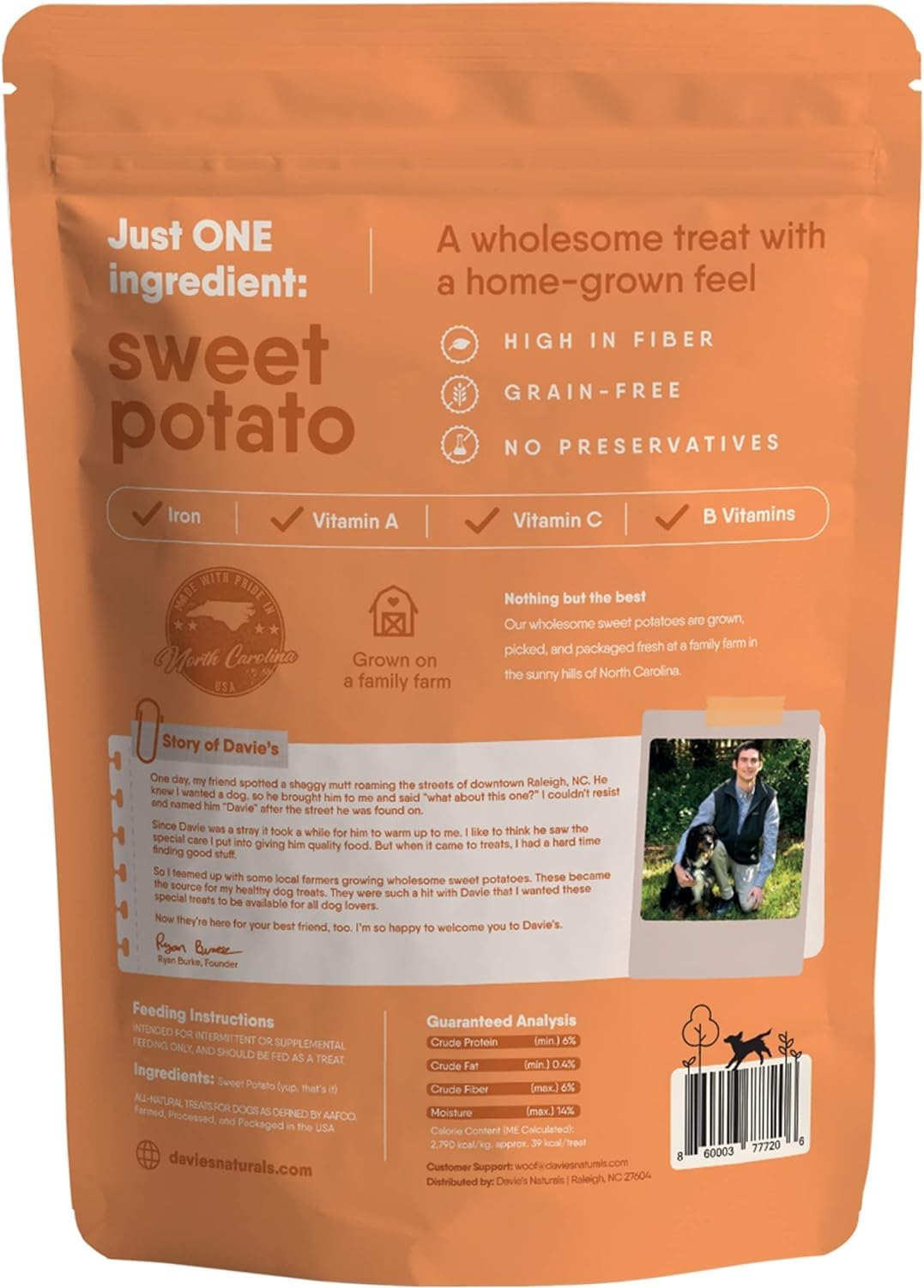 Davies Sweet Potato Dog Treats - Healthy Dog Chews, Low Fat, Made in USA, 1 lb Bag - Pack of 5