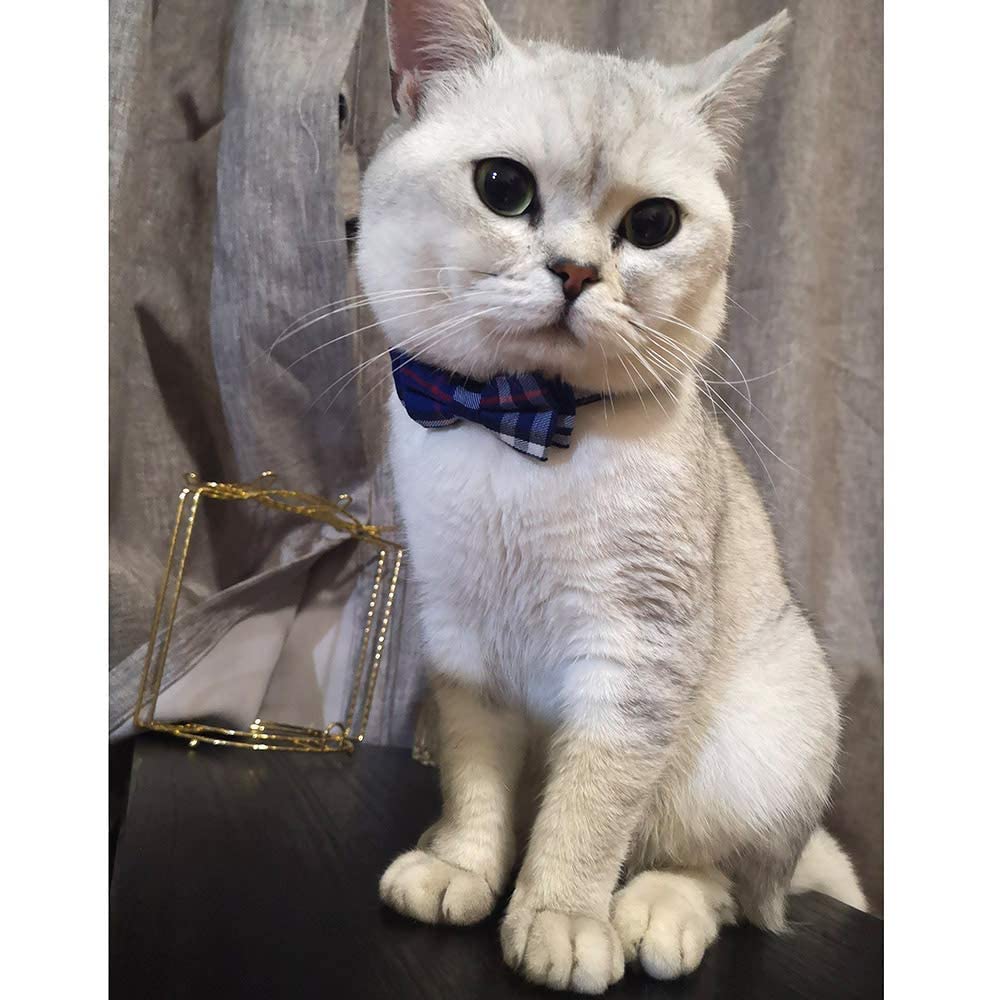 Cat Collar Breakaway With Bell And Bow Tie, Plaid Design Adjustable Safety Kitty Kitten Collars(6.8-10.8In) (Blue Plaid 1)