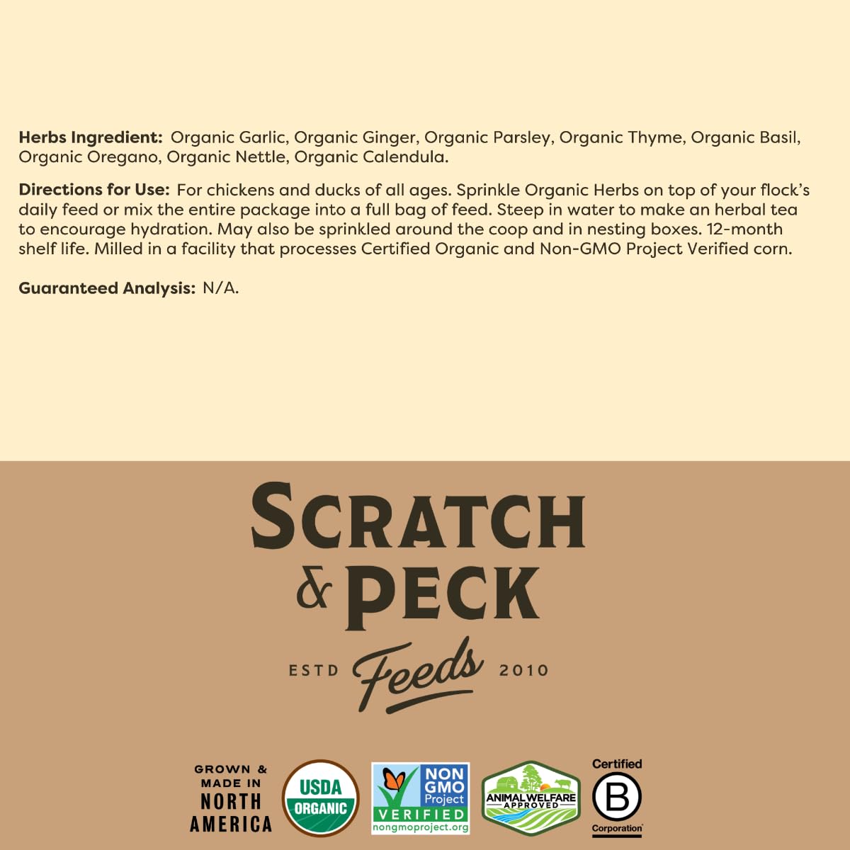 Scratch and Peck Feeds Cluckin Good Organic Herbs - 10 Ounce - Supplemental Bird Treats for Chickens and Ducks - Certified Orga