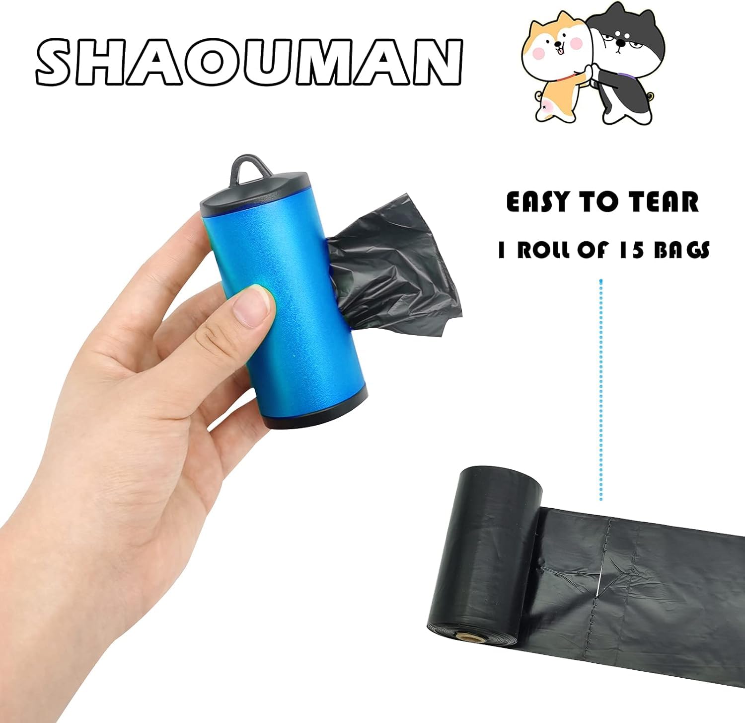 Shaouman Metal Dog Poop Bags Holder Aluminum Poo Bags Dispenser With 15 Black Unscented Pet Waste Bags And 3 Leash Accessories For Dog Walking(1 Holder 15 Bags,Blue)