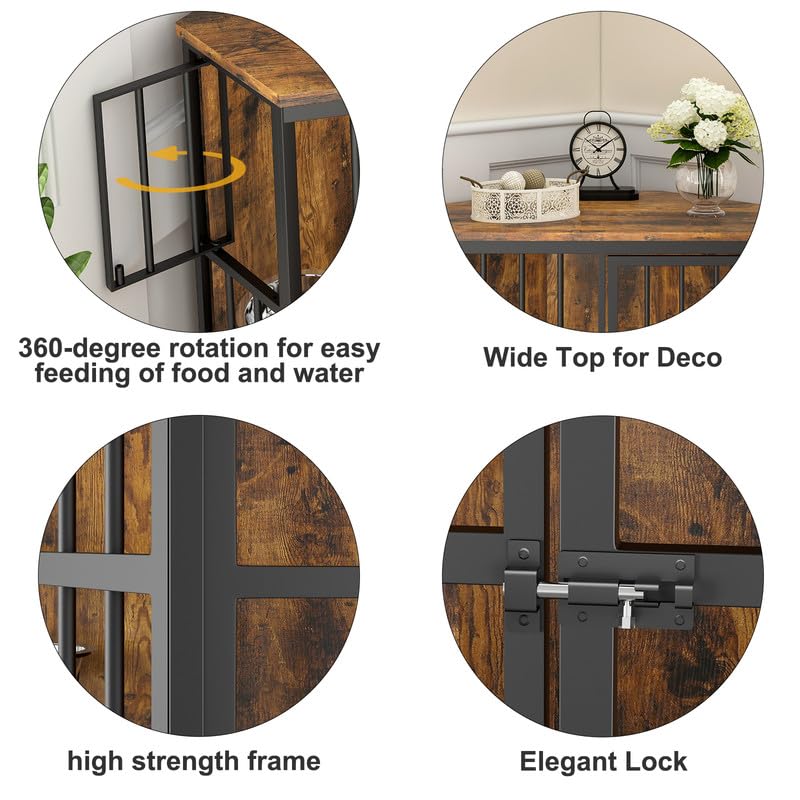 ROOMTEC 53 inch Furniture Dog Crate Corner, Dog Kennel Corner Wooden End Table with Bowl, Indoor Pet Crates Corner Side Table fo