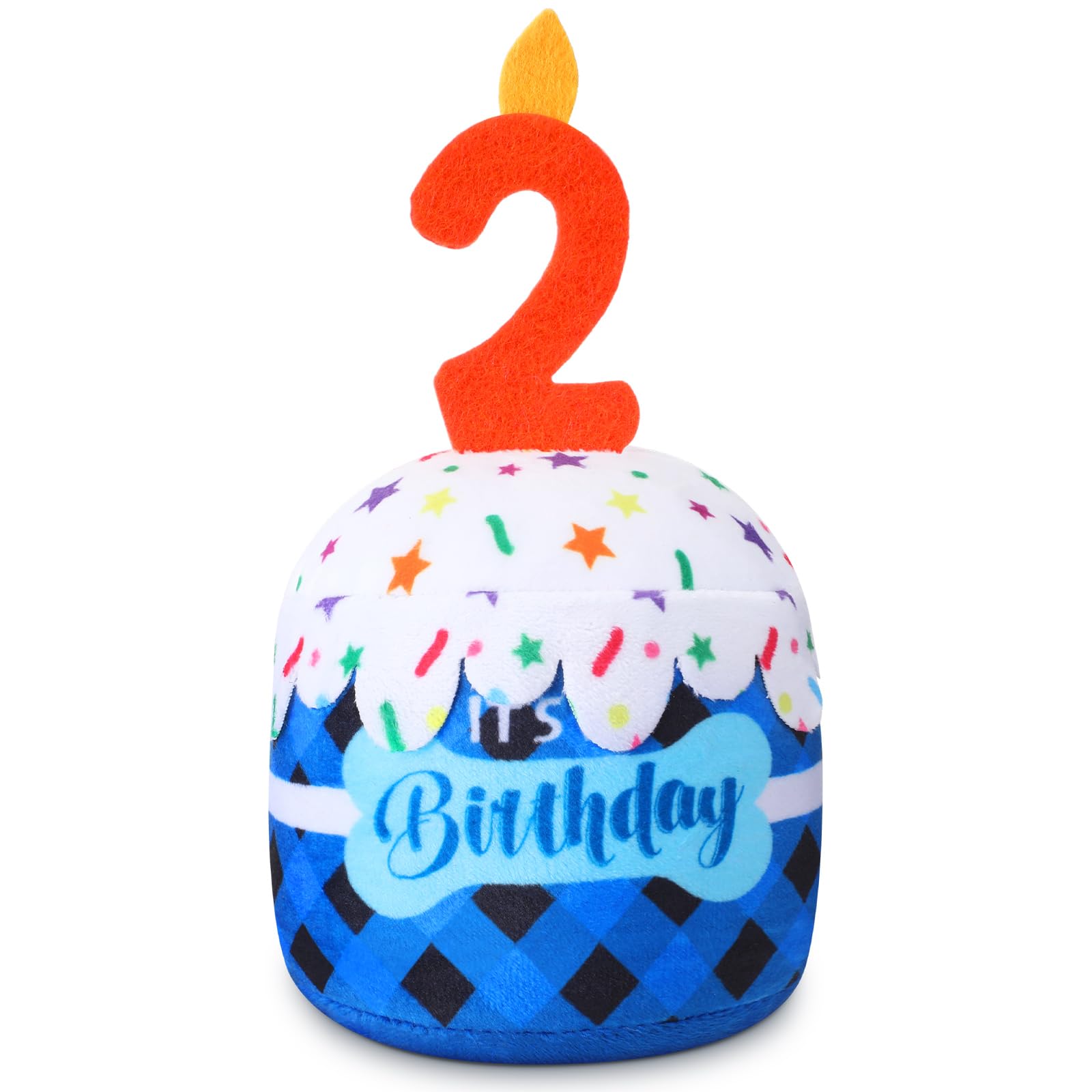 Dansydaisy Dog 2nd Birthday Cake Toy Accessories for Girl Boy Gifts, Blue Grid Squeaky Plush Toy for Dog Birthday Party Decor Fa
