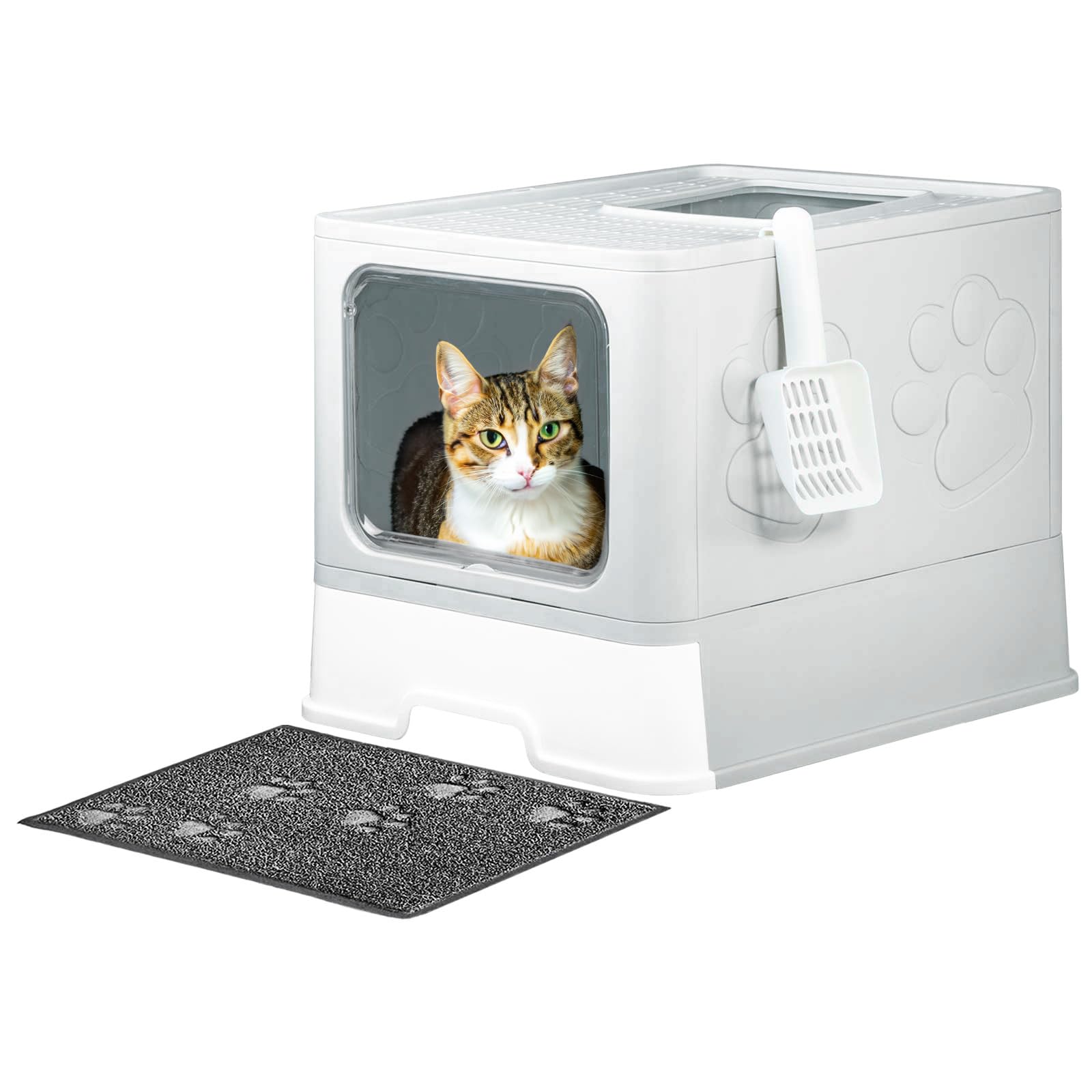 Upgrade Portable Litter Box, Top Entry Cat Box with Lid, No Leakage Kitty Box with Scoop and Mat, Easy Cleaning Cat Box Enclosur