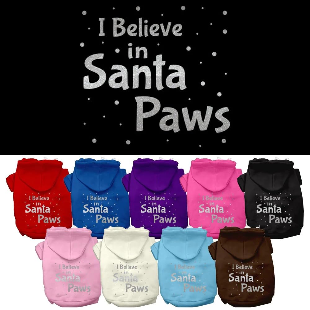 Christmas Pet, Dog & Cat Hoodie Screen Printed, I Believe in Santa Paws Blue SM (3-6 lbs.)