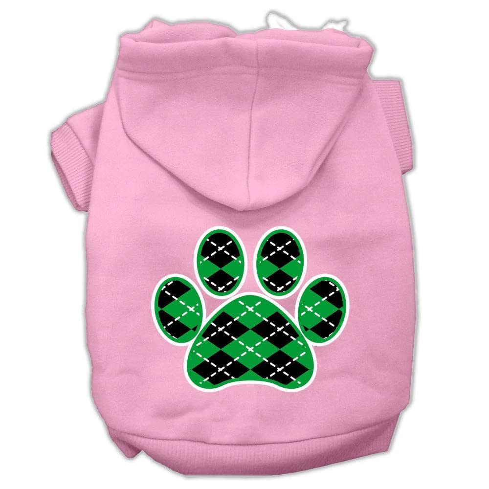 Pet Dog & Cat Hoodie Screen Printed, Green Argyle Paw Light Pink LG (10-14 lbs.)