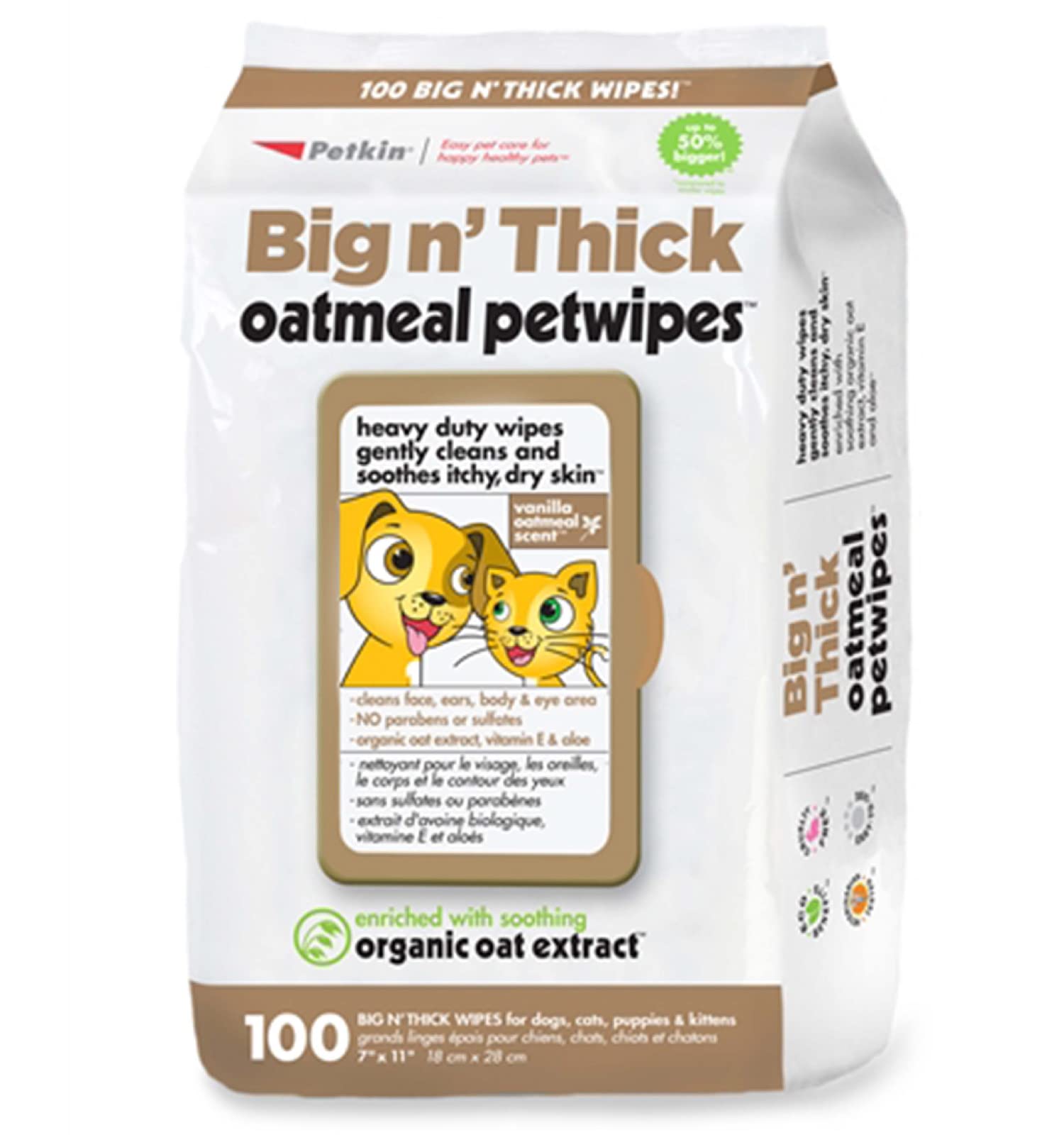 Petkin Pet Wipes for Dogs and Cats, 100 Wipes (Large) - Oatmeal Pet Wipes for Dogs and Cats - Soothes Itchy Dry Skin and Cleans 