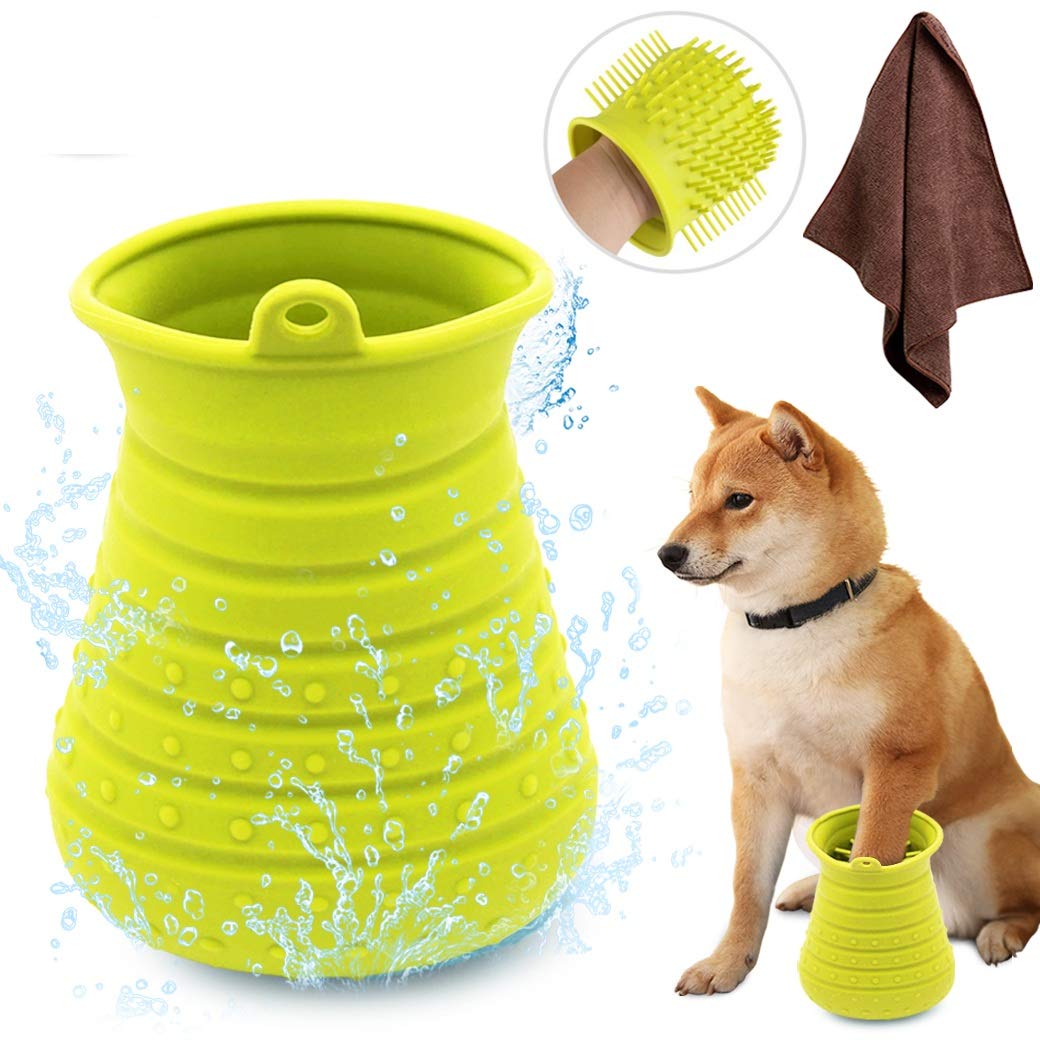 Idepet Dog Paw Cleaner Cup With Towel Pet Foot Washer Protable Dog Cleaning Brush For Puppy Cats Massage Grooming Dirty Claw (Gr