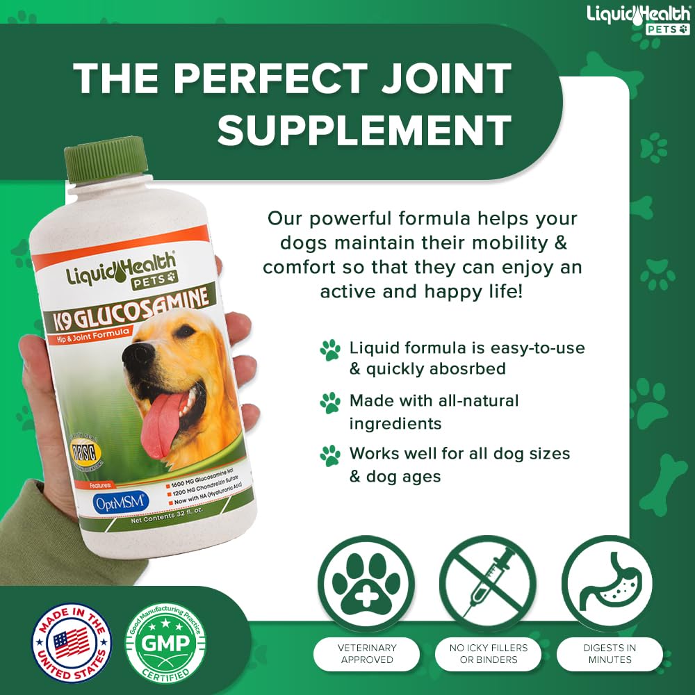 LIQUIDHEALTH K9 Liquid Glucosamine for Dogs - Joint Health Supplement, 32 Oz (Pack of 3) - Chondroitin, MSM, Hyaluronic Acid