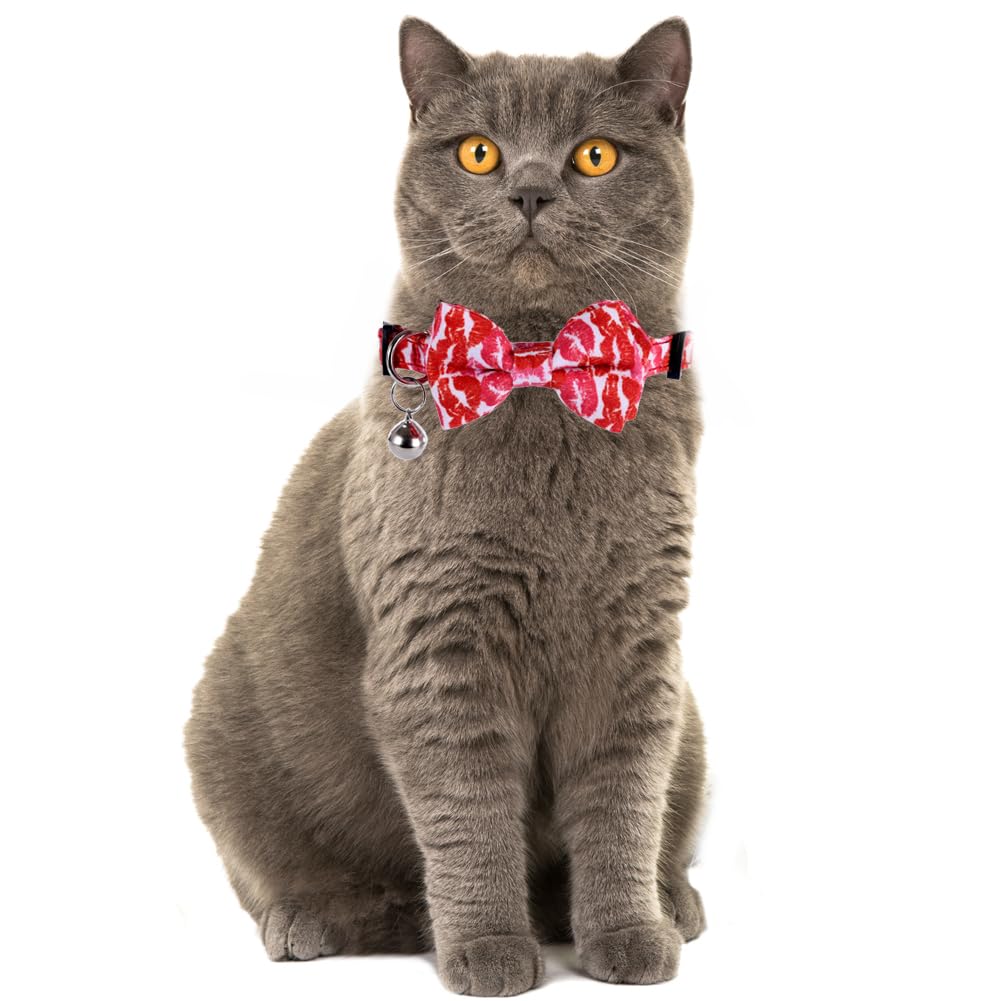 Valentine'S Day Cat Collar Breakaway With Cute Bow Tie And Bell For Kitty Adjustable Safety Love Heart