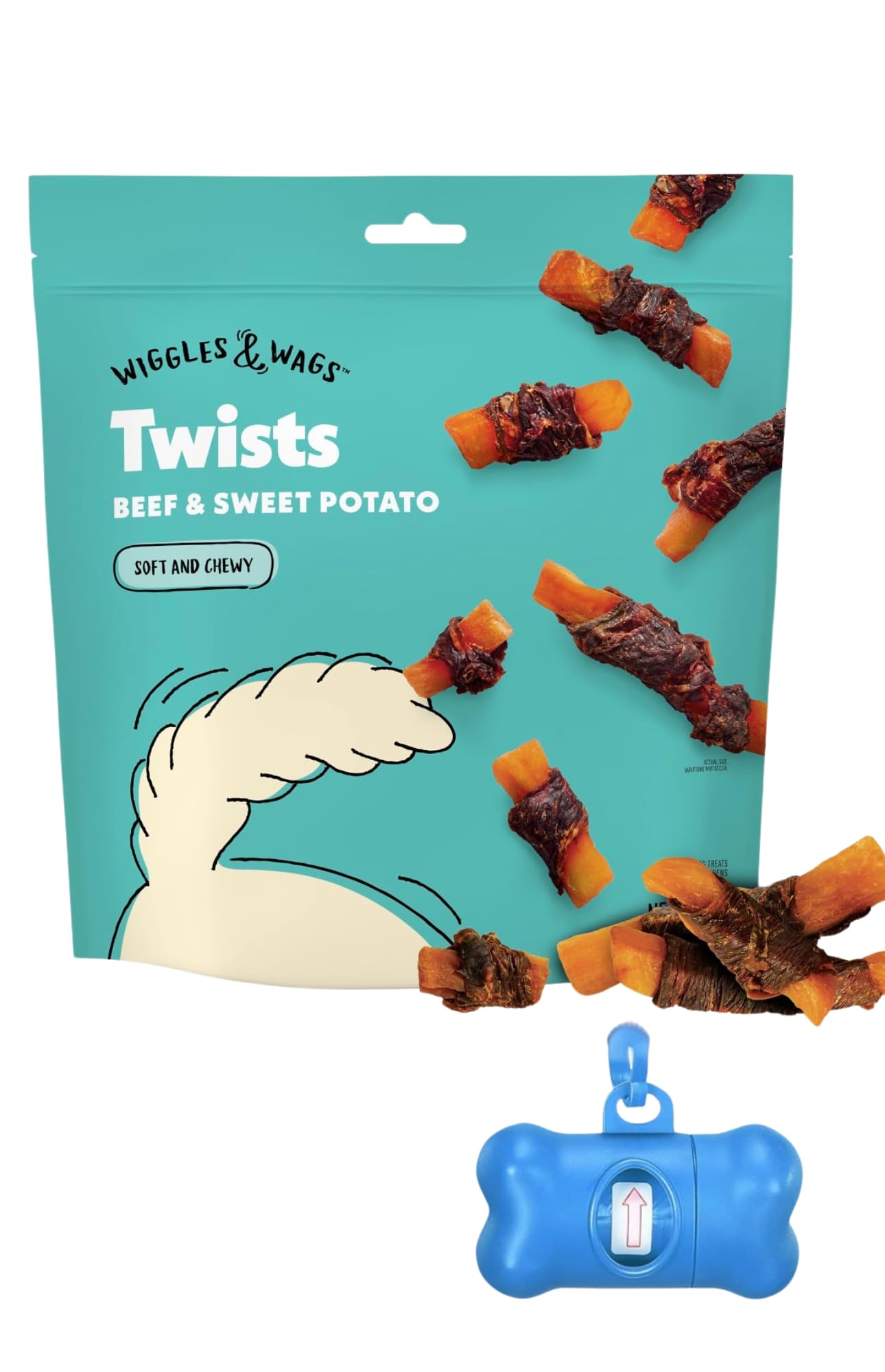 Wiggles & Wags Twists Dog Treats, Beef & Sweet Potato, Soft and Chewy, Grain Free, All Natural, 16 oz with DN Essentials Waste B