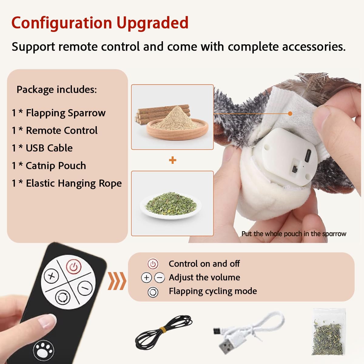 Vobest Realistic Cat Toys, Rechargeable Interactive Flappy Bird, Flapping Bird Sparrow, Touch Activated Kitten Toy Cat Exercise