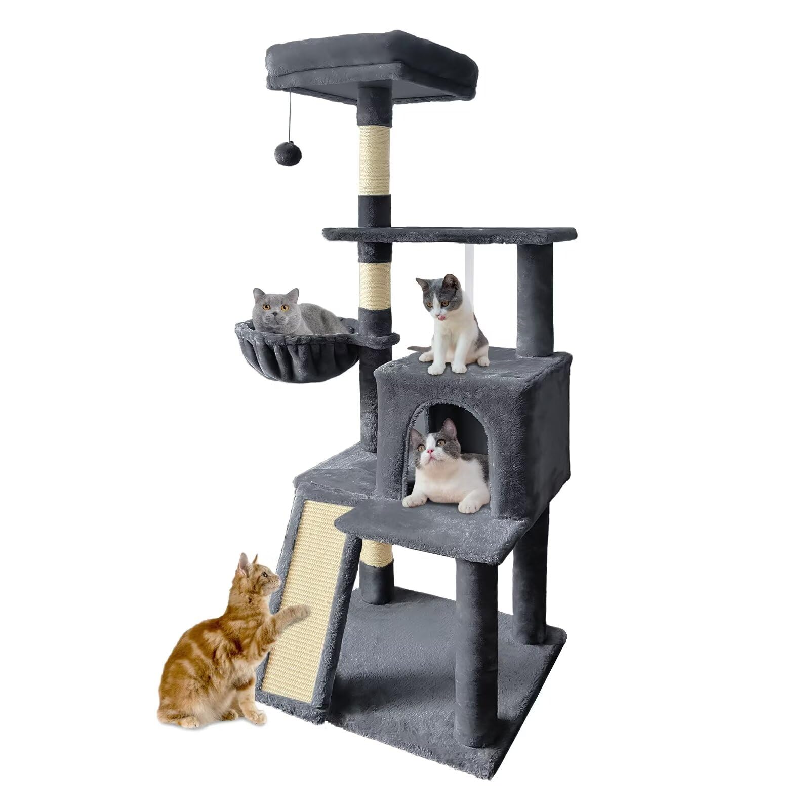 Pempet 57'' Cat Tree Tower For Indoor Cats, Multi-Level Cat Tower Condo With Sisal Scratching Post (Dark Gray)