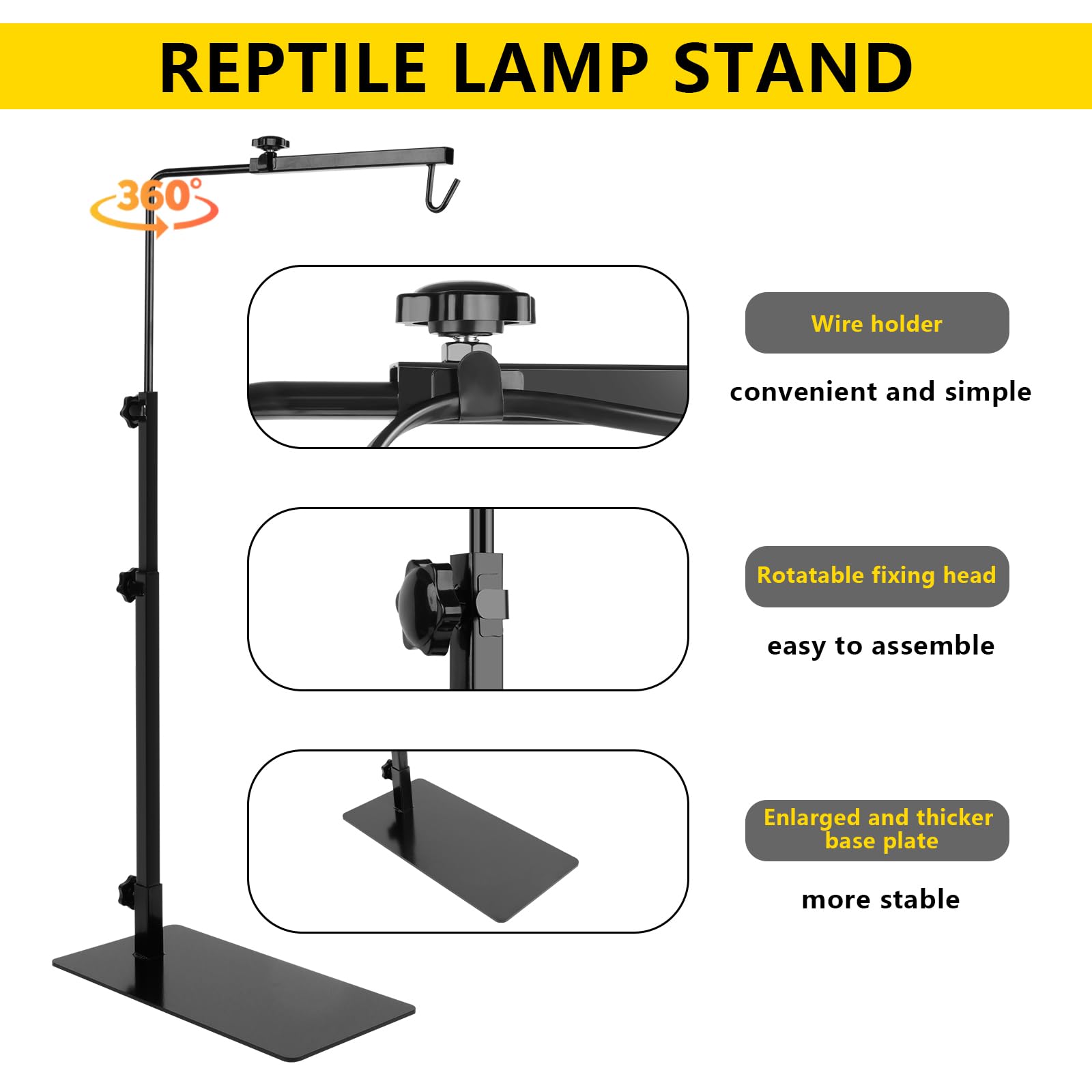 LUCKY HERP Adjustable Reptile Lamp Stand 14-37" Metal Holder for Terrarium, Model JX-LD8.5D, XL Size, Black