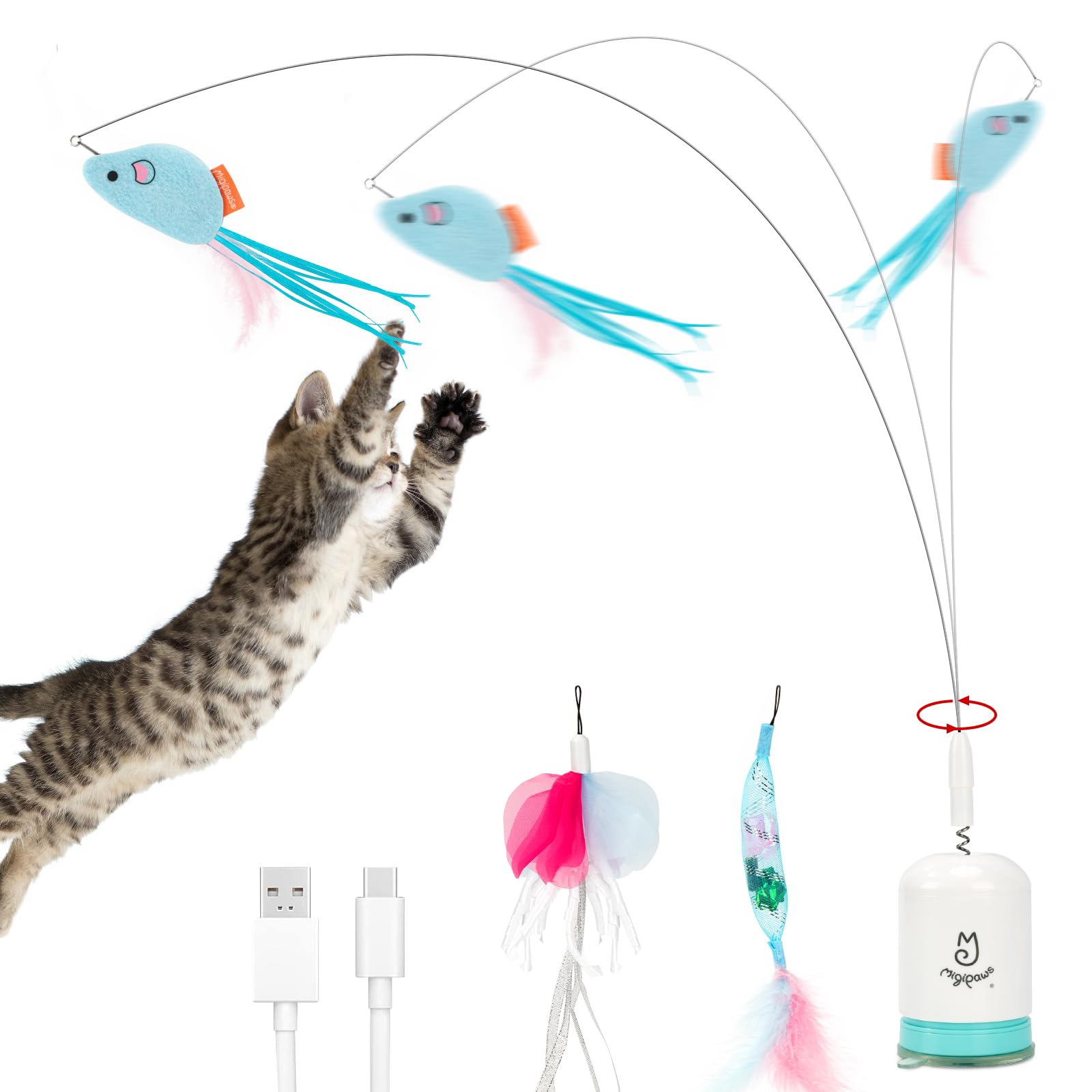 Migipaws Interactive Automatic Cat Teaser Wand Toy with Strong Suction Cup, 70cm Flexible Wire & DIY Bending Design, Rechargeabl