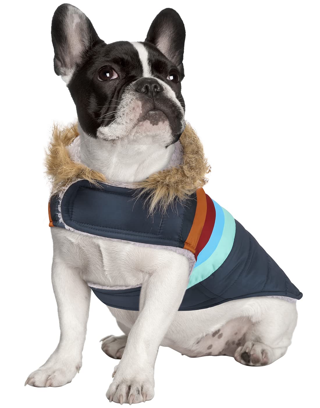 Hde Dog Puffer Jacket Fleece Lined Warm Dog Parka Winter Coat With Harness Hole Navy Retro Stripe - M