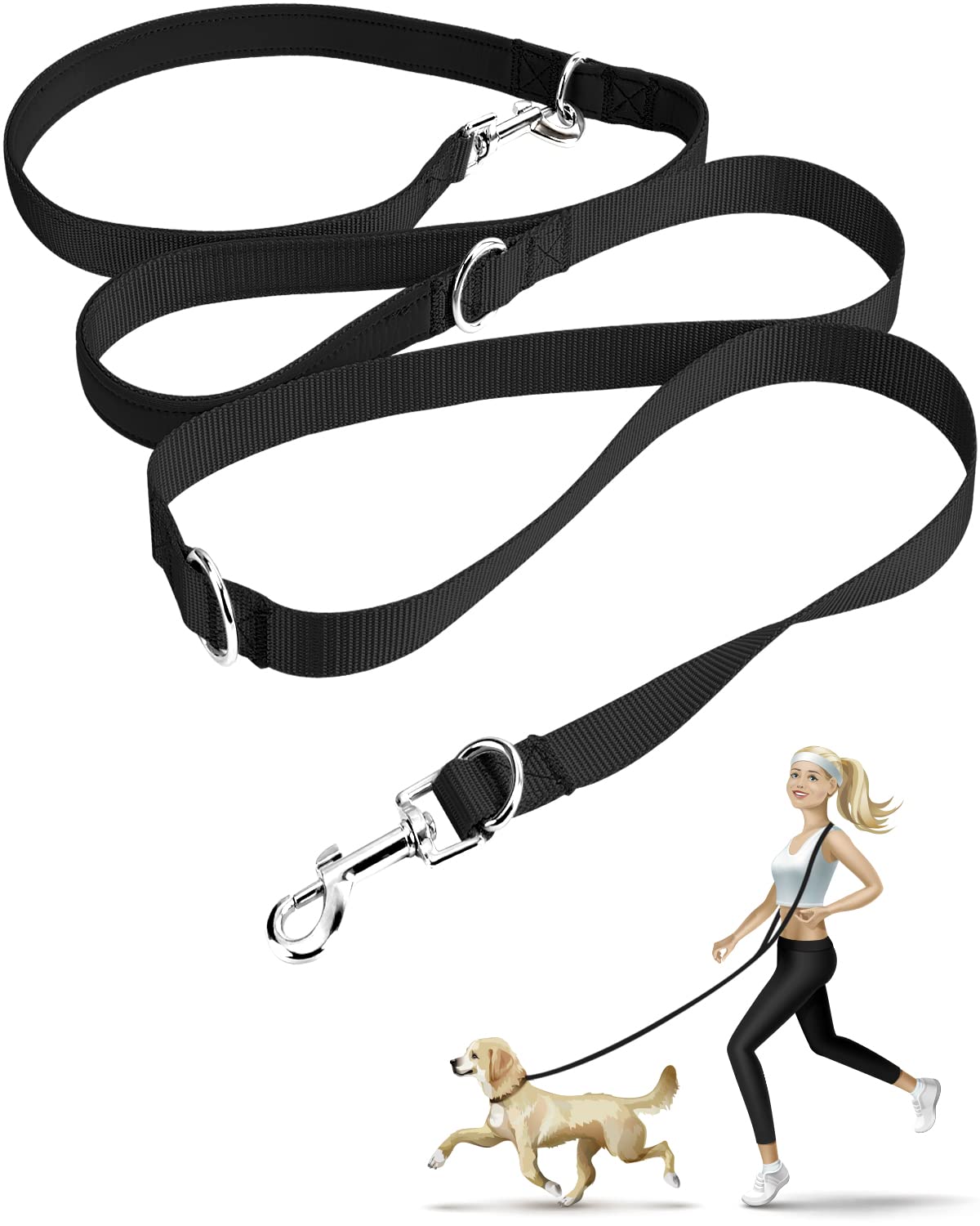 oneisall Multifunctional Hands Free Dog Leash - 8ft Nylon Double Leash for Small to Medium Service Dogs - Black