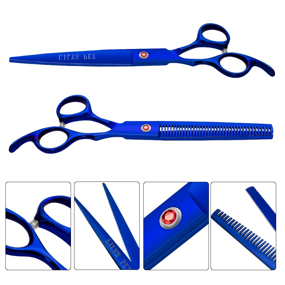 Lilys Pet Professional Pet Dog Grooming Coated Titanium Scissors Suit Cutting&Curved&Thinning Shears (7.5 Inches, Blue)…