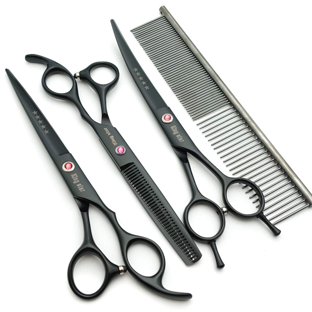 Kingstar 7.0In. Matt Black Professional Pet Grooming Scissors Set,Straight & Thinning & Curved Scissors Set With Comb Case A389