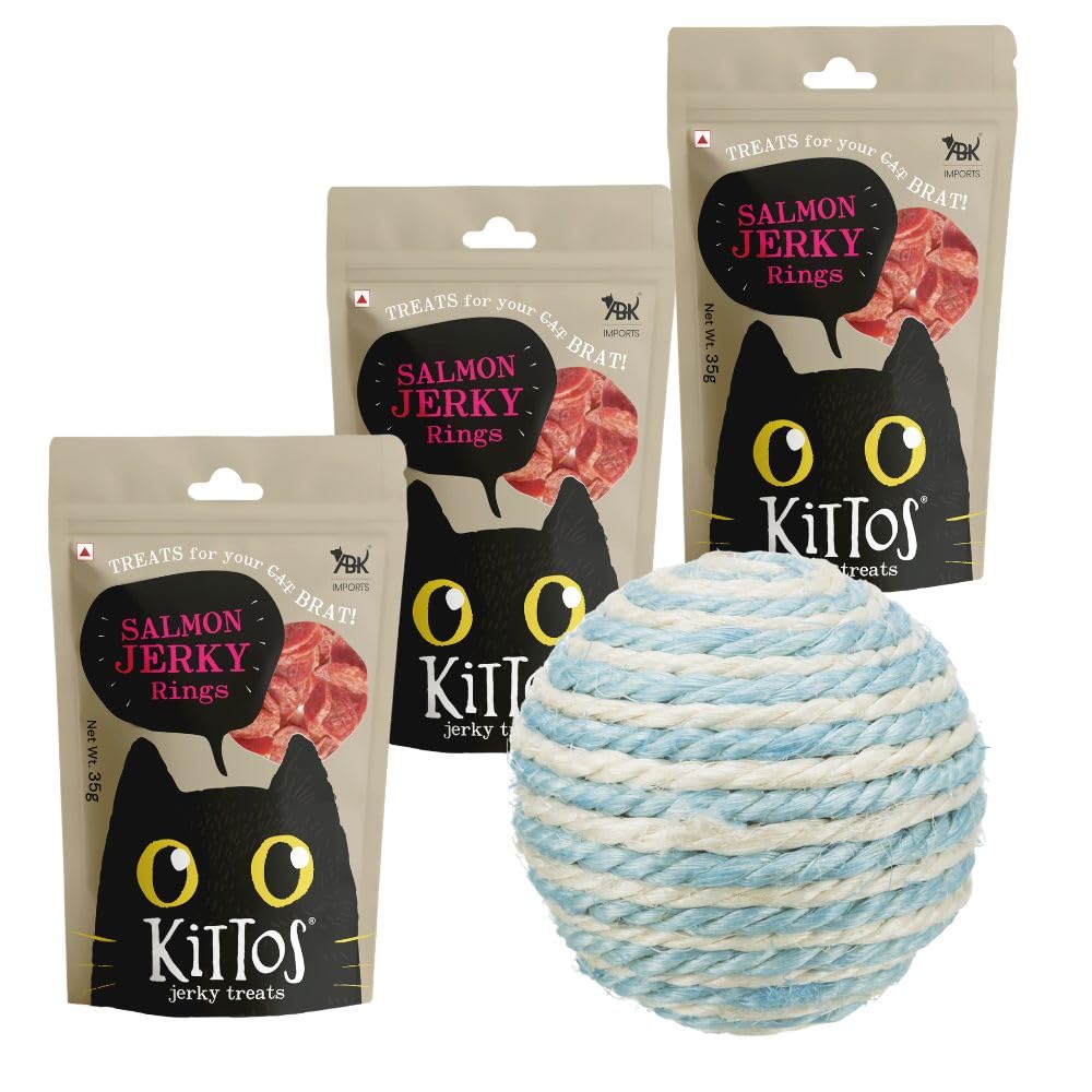 Cat Play And Treat Combo: Trixie Sisal Rope Ball Toy, 6 Cm (Color May Vary)  1Pc And Kittos Salmon Rings Snacks  3 Pcs