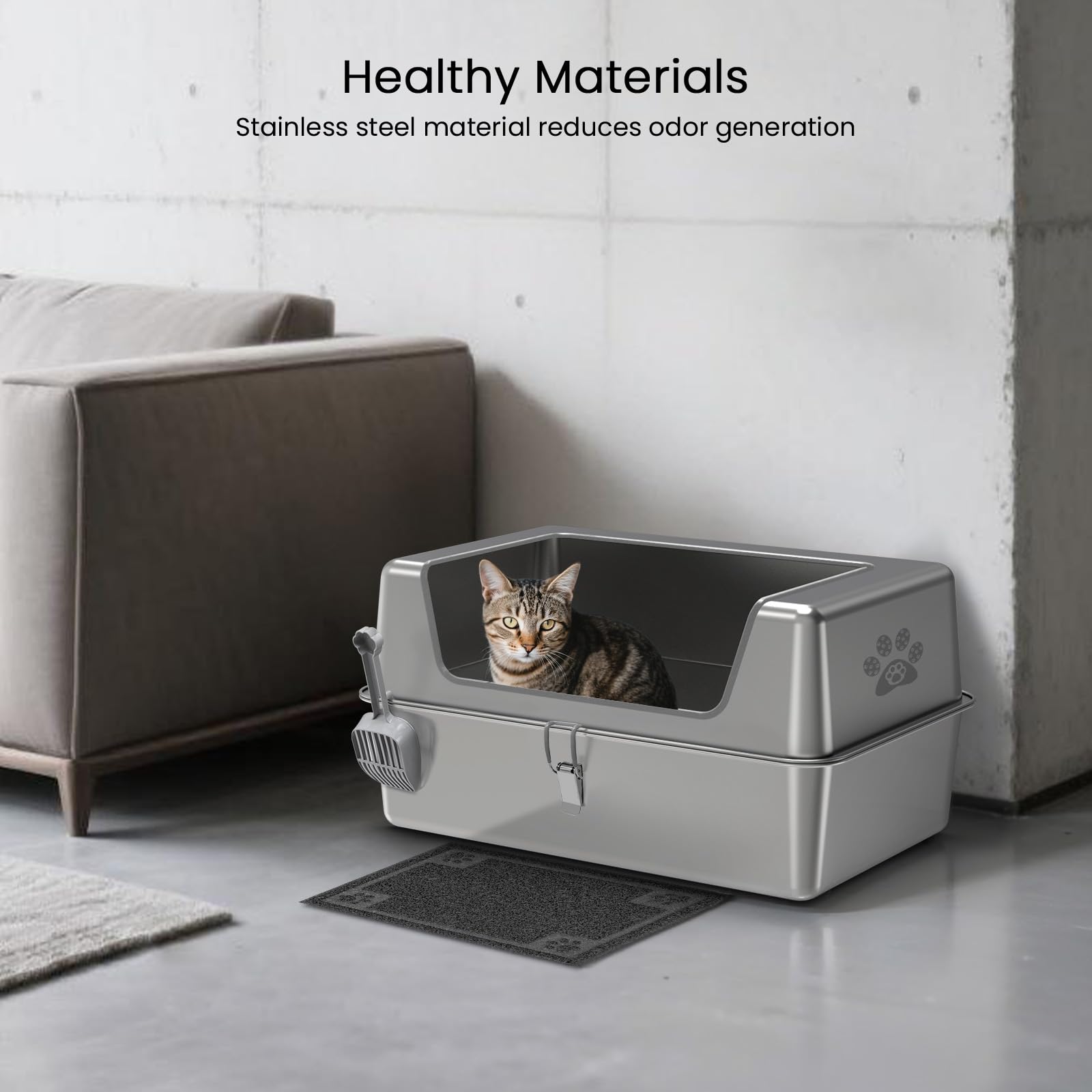 Stainless Steel Cat Litter Box With Lid, Metal Litter Box With 11.8'' High Sides, Cat Litter Pan For Big & Multiple Cats, Kitten