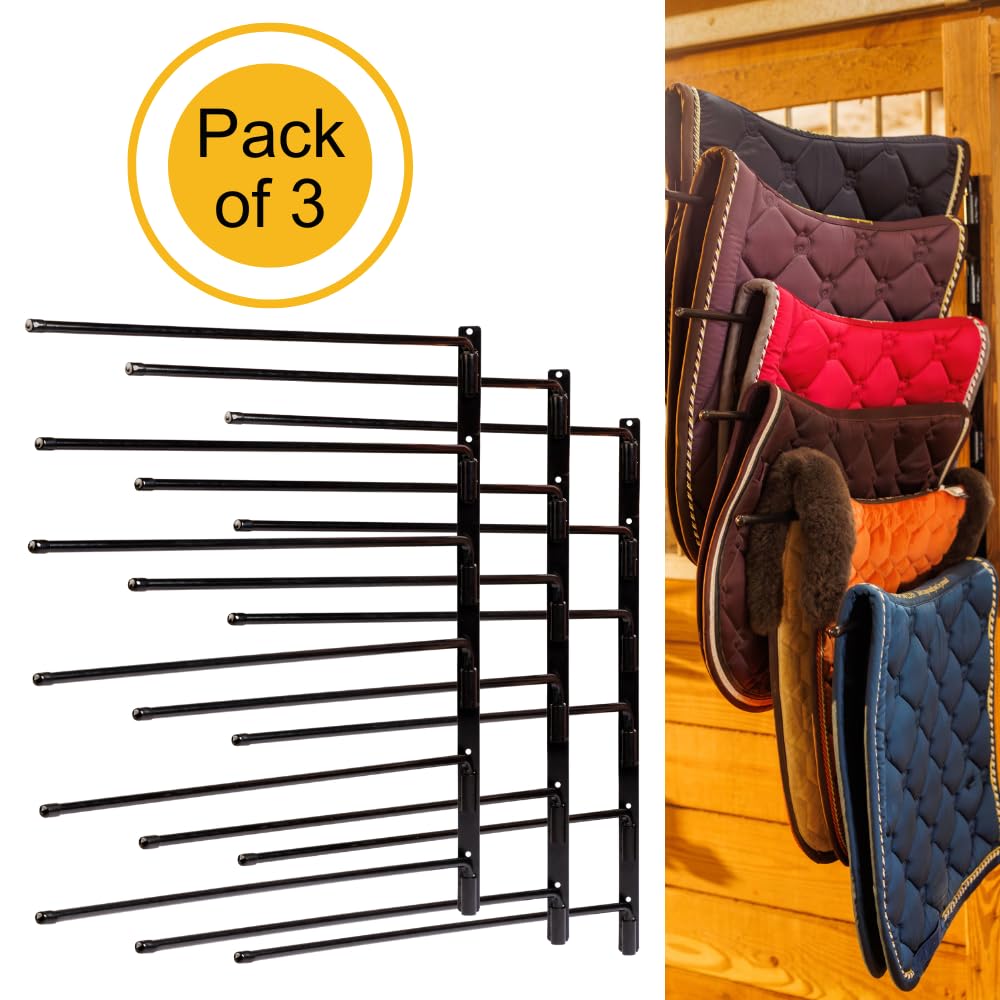 Saddle Pad Rack - Horse Blanket Holder | Heavy Duty 180 Degree Swing-Out Wall Mount | Six (6) Well-Spaced, Extra-Long Rack Arms
