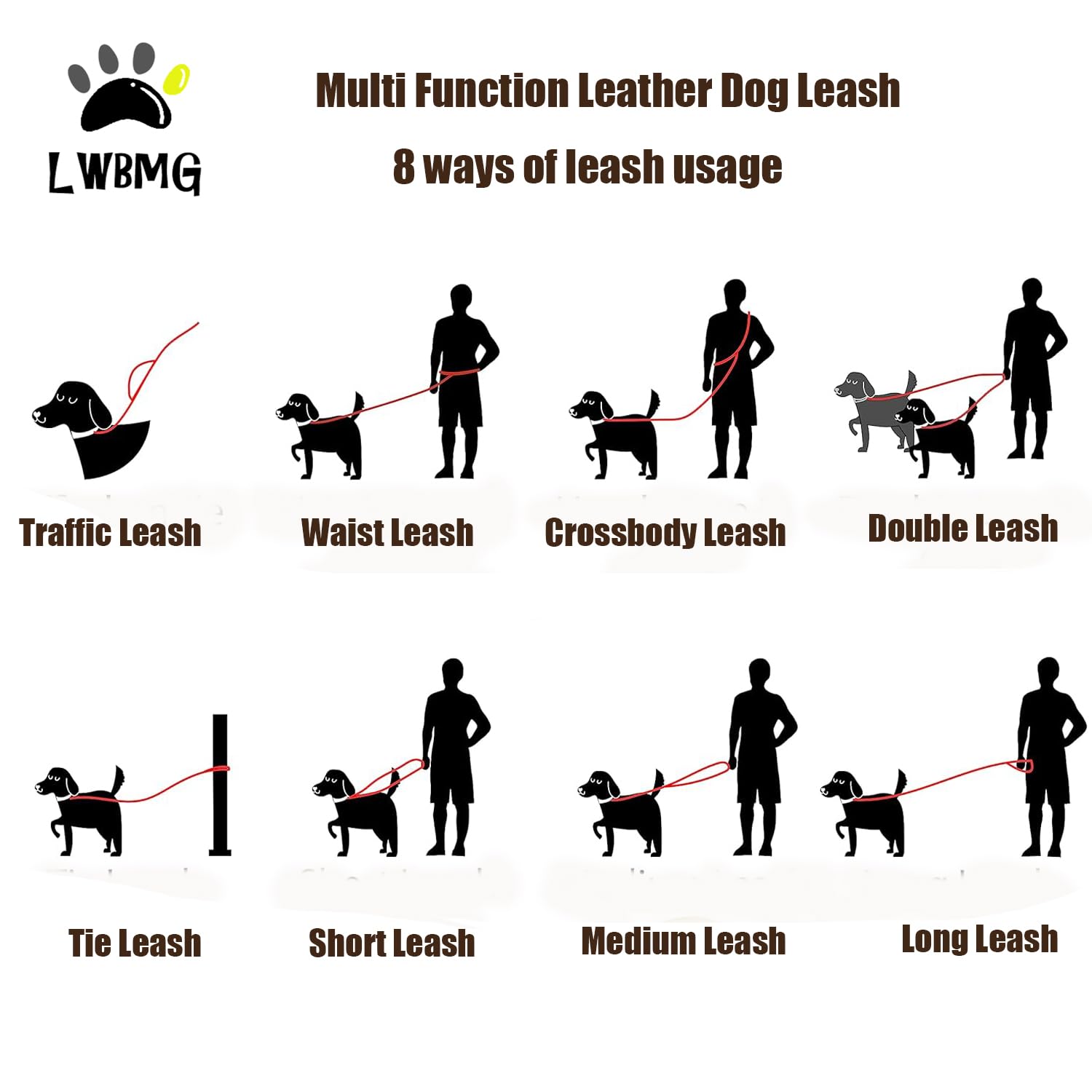 Lwbmg Multi Function Leather Dog Leash - 8Ft Hands Free Double Ended Training Leash For Medium Large Dogs - Black