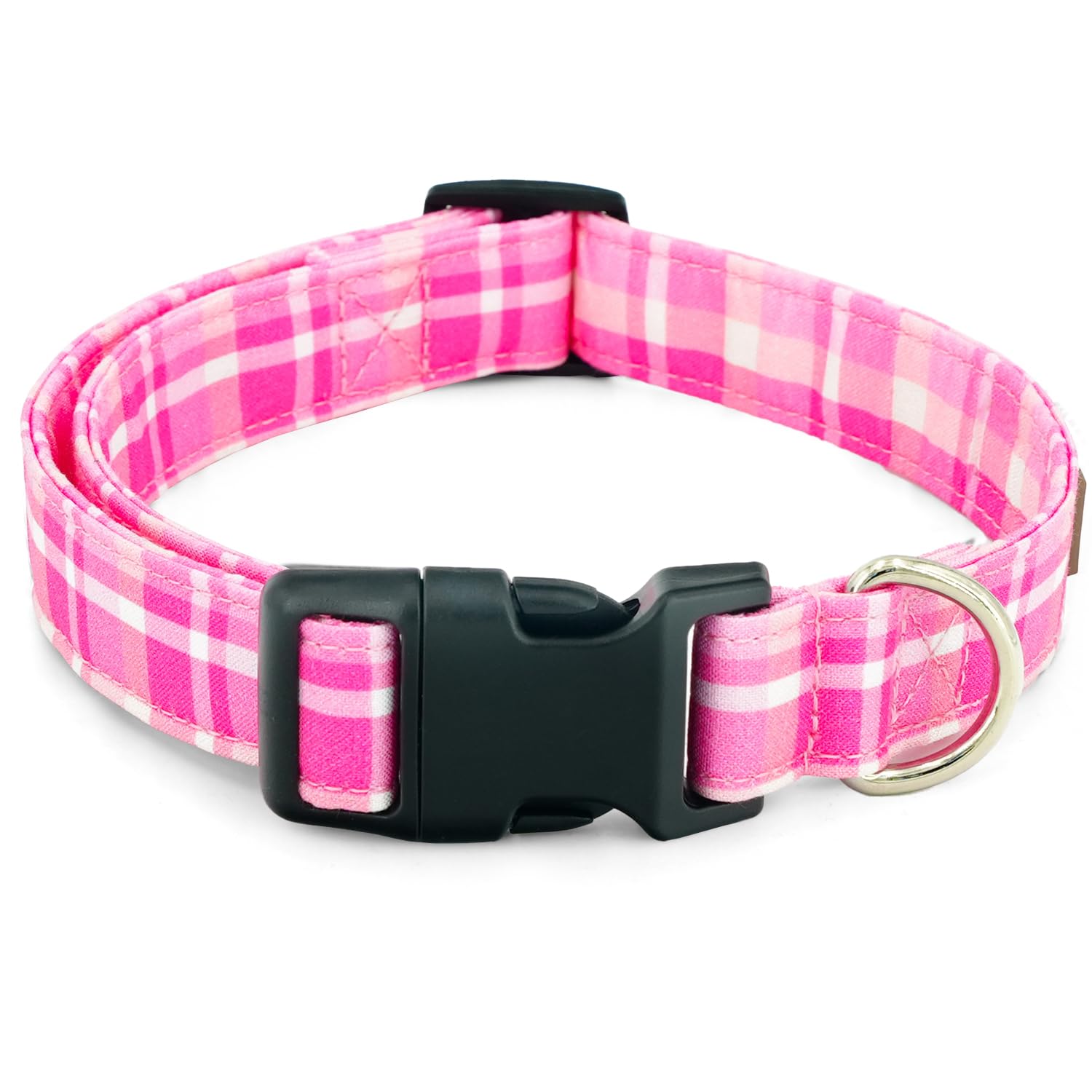 Tunkoo Pink Plaid Dog Collar, Cute Adjustable Premium Cotton Collar Durable Plastic Buckle For Small Medium Large Boys Girls Dog
