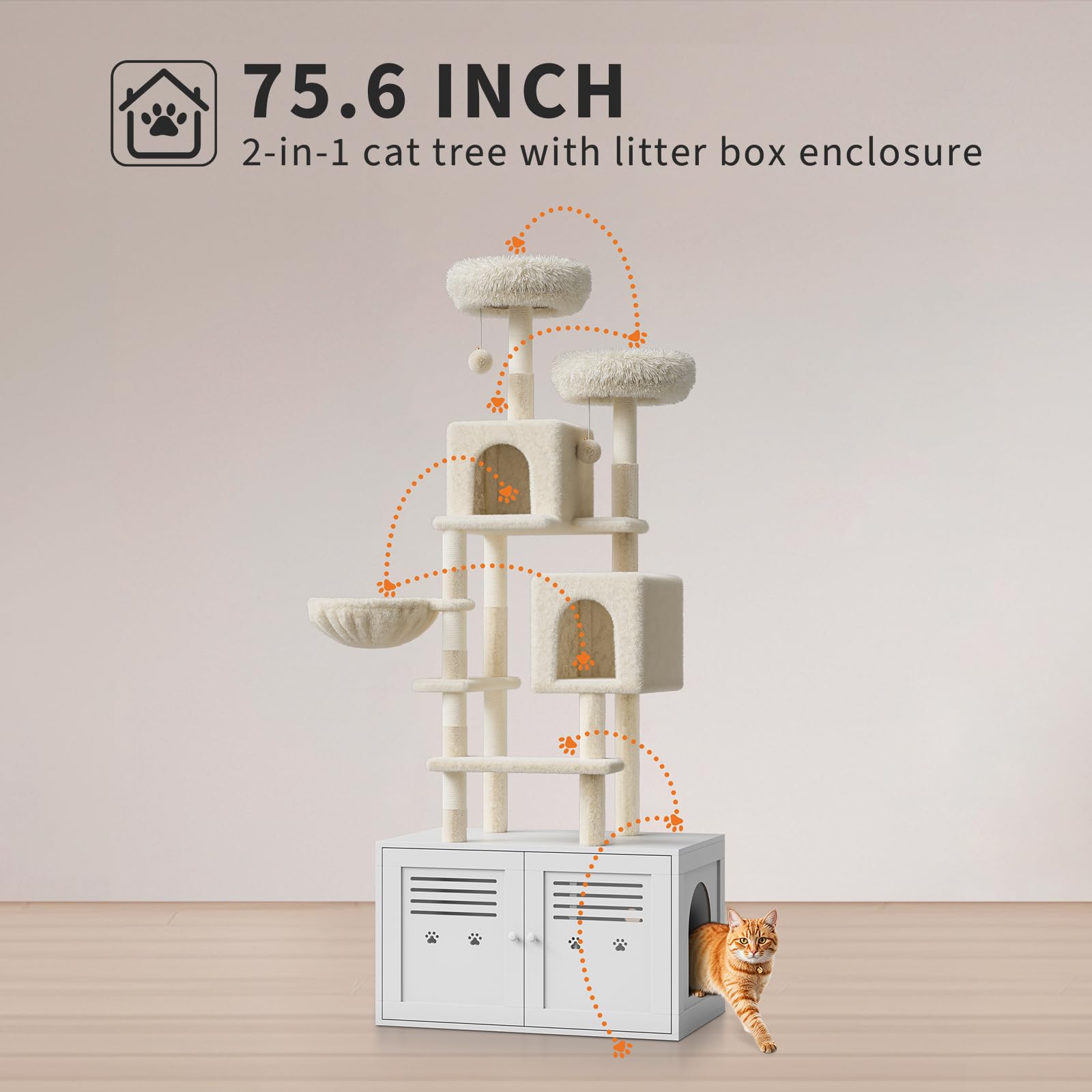 75.6-Inch Tall Cat Tree With Litter Box Enclosure 2-In-1 Modern Large Cat Tower For Indoor Cats With Double Condos/Scratching Po