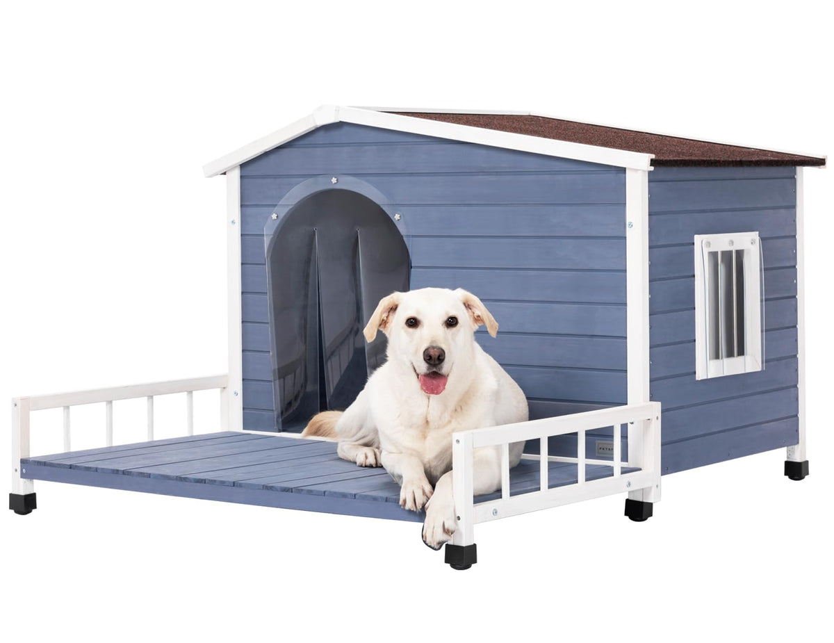 Petsfit Large Dog House With Terrace & Openable Asphalt Roof, 45' L X 54' W X33 H, Xl Dog House Outdoor With Elevated Floor, Window & Door Flap, Outdoor Dog House For Large Dogs