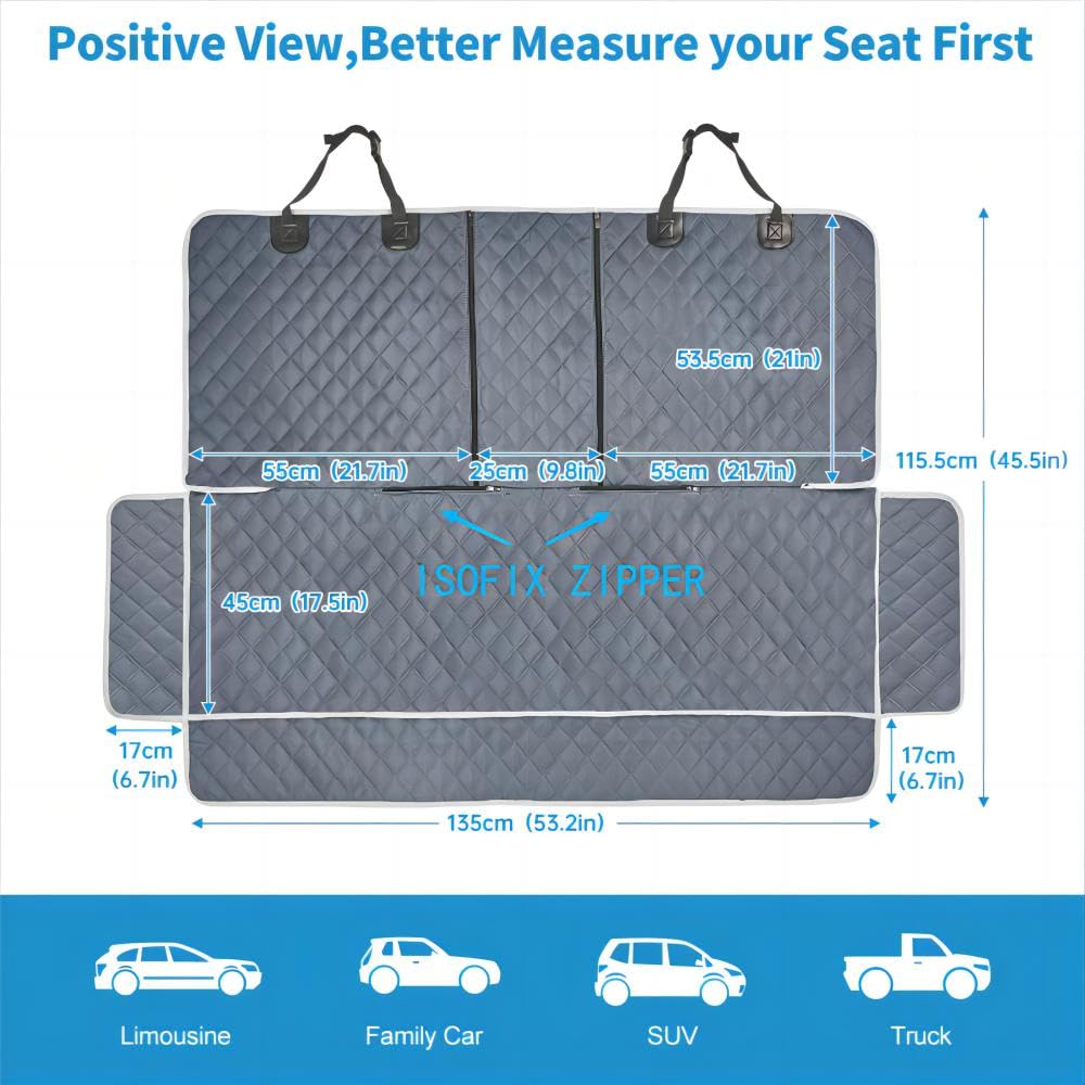 Anosospecial Grey Dog Car Seat Cover For Back Seat,Non-Stick Fur,Pet-Friendly And Waterproof - Universal Fit Interior Protector