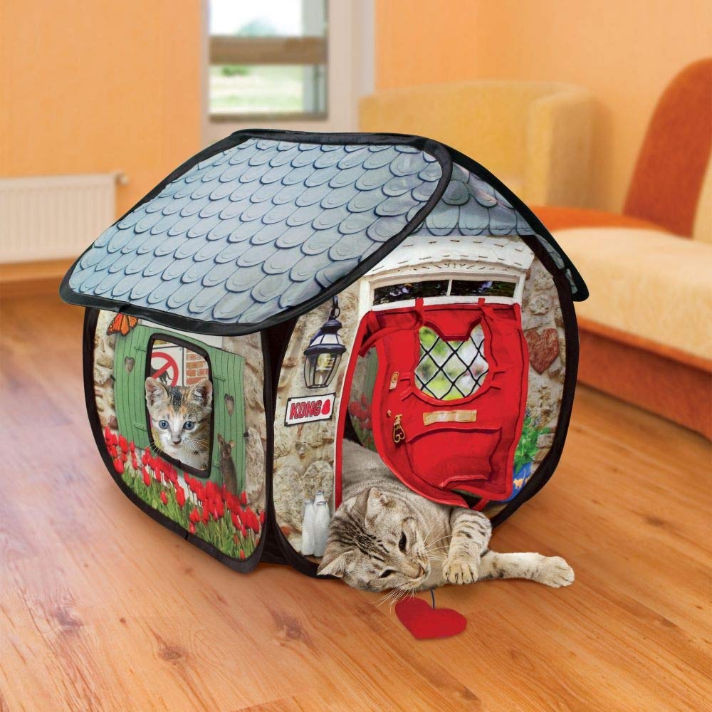 KONG PlaySpaces Bungalow Cat Hideaway - Hide and Seek Collapsible Tunnel with Toys