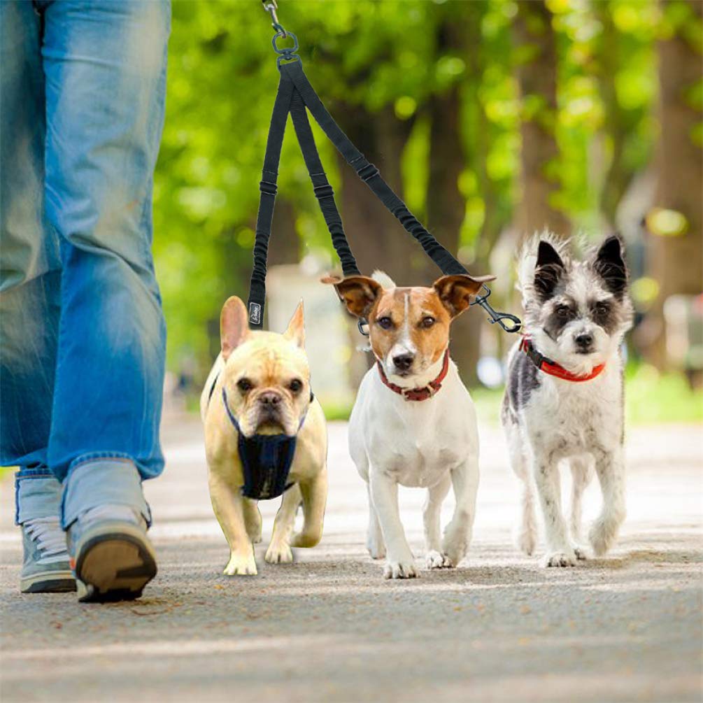 Kuntrona Nylon Dog Leash Coupler 3 Way No-Pull Pet Dog Lead Leashes No Tangle Bungee Three Dogs Leads Black L