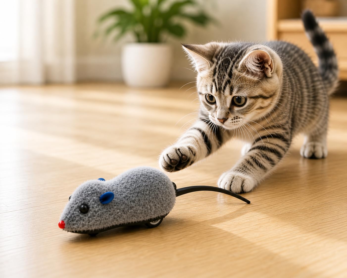 Interactive Mouse Cat Toy With Soft Plush Body, Moving Mouse Toy For Cats & Kittens, WindUp Chase Toy, Safe Durable Pet Play To