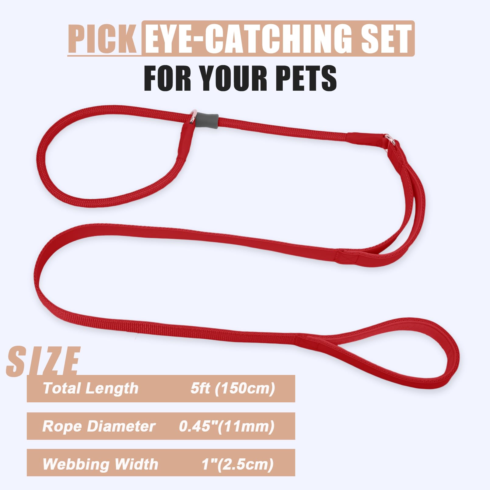 Aaufilux Slip Lead Dog Leash, Double Handle, Soft Leather, Heavy Duty Nylon, No Pull Walking, 5Ft Red