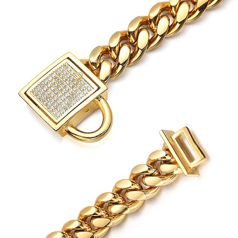 Gold Dog Chain Collar 10Mm Wide Cuban Link Puppy Collar 316L Stainless Steel With Cz Diamond Lock Bling Collar For Small Dogs(10