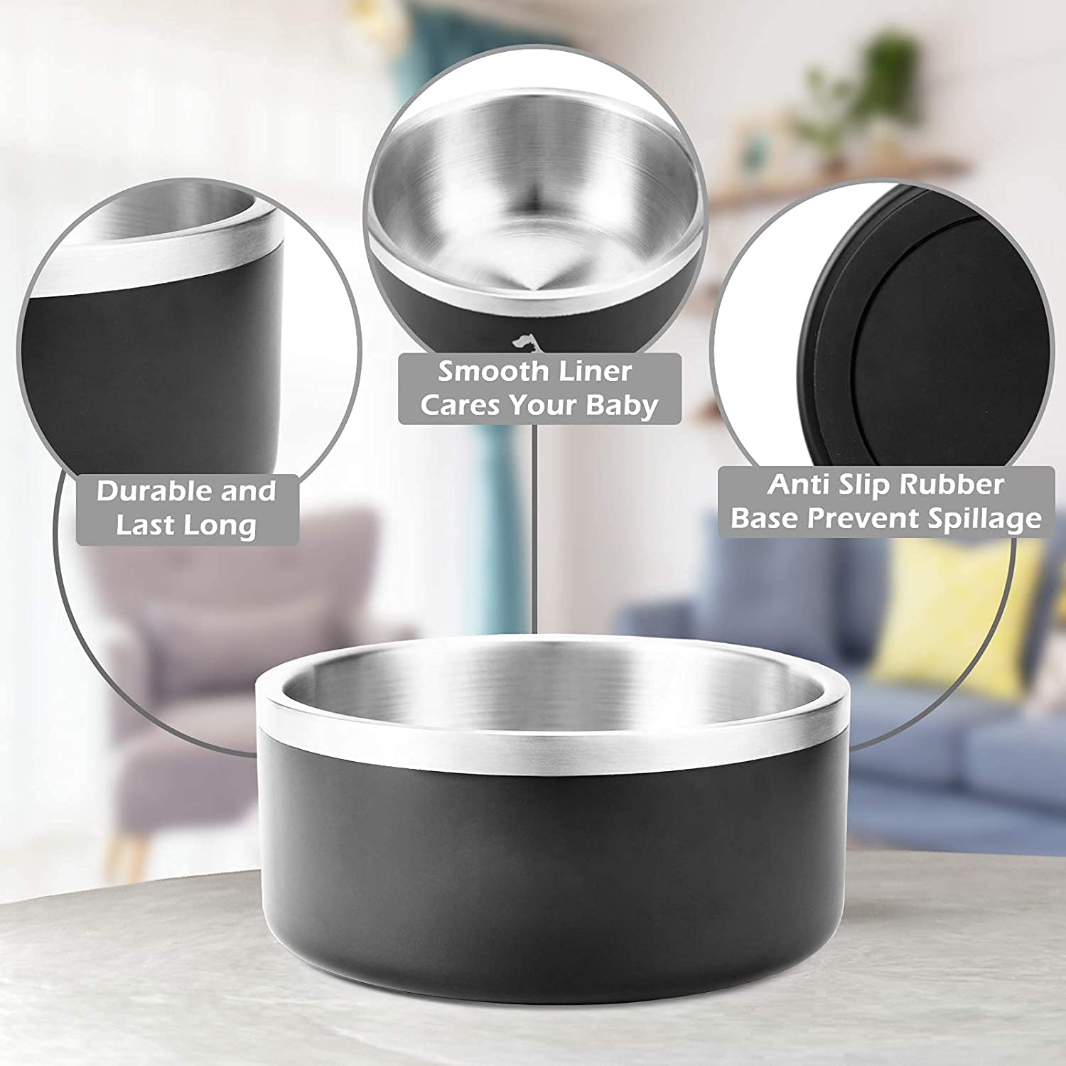 Gteller 32oz 64oz Stainless Steel Double Wall Dog Bowls,BPA Free Non-Slip Pet Dishes,Cat Food&Water Bowl with Rubber Base (64oz,