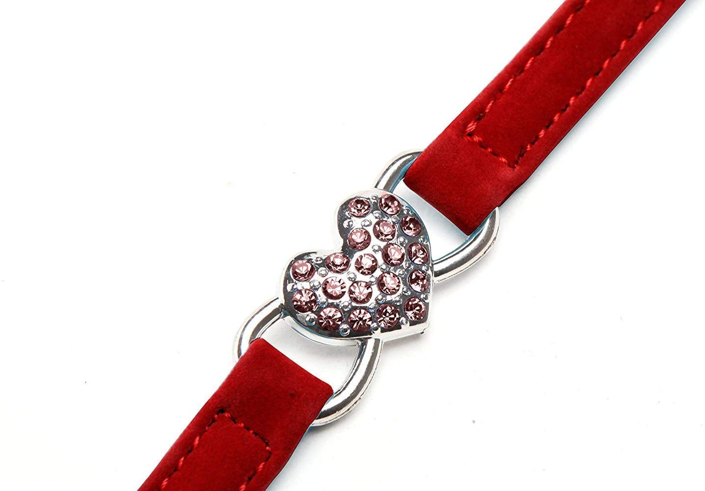 Chukchi Pink Soft Velvet Safe Cat Adjustable Collar With Crystal Heart Charm And Bells 8-11 Inches(Black+Red)