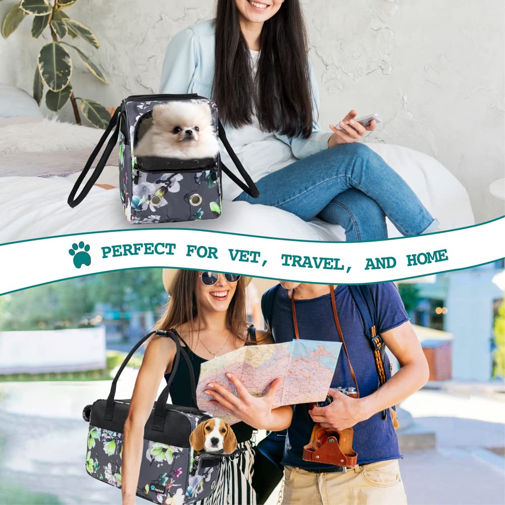 Petami Dog Purse Carrier For Small Dogs, Airline Approved Soft Sided Pet Carrier With Pockets, Ventilated Dog Carrying Bag For Puppy Cat, Dog Travel Supplies Bag, Sherpa Bed, Max 12 Lbs, Floral Gray
