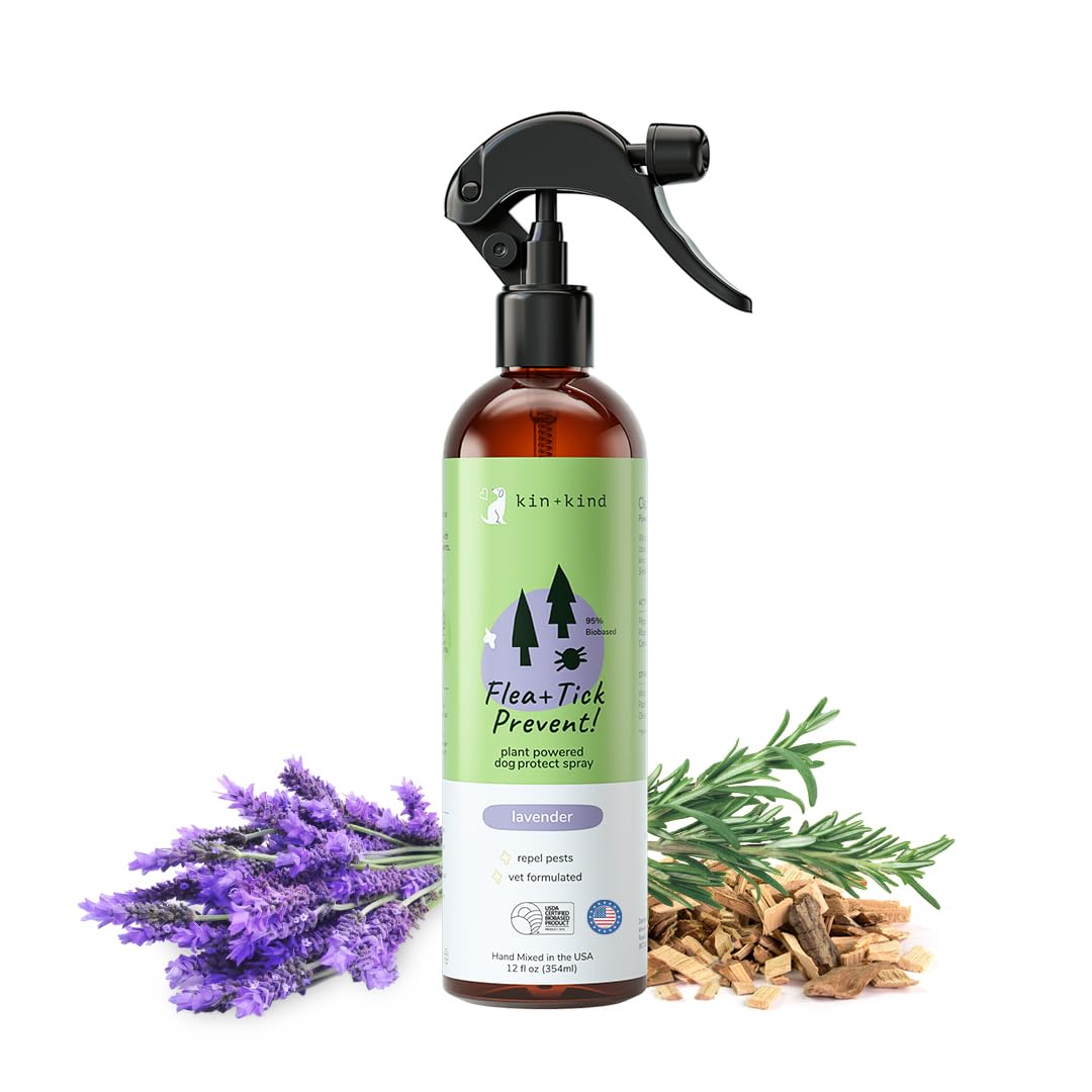 kin+kind Plant-Based Flea and Tick Spray for Dogs, 12 Fl Oz, Lavender Scent - Eco-Friendly & Effective Protection