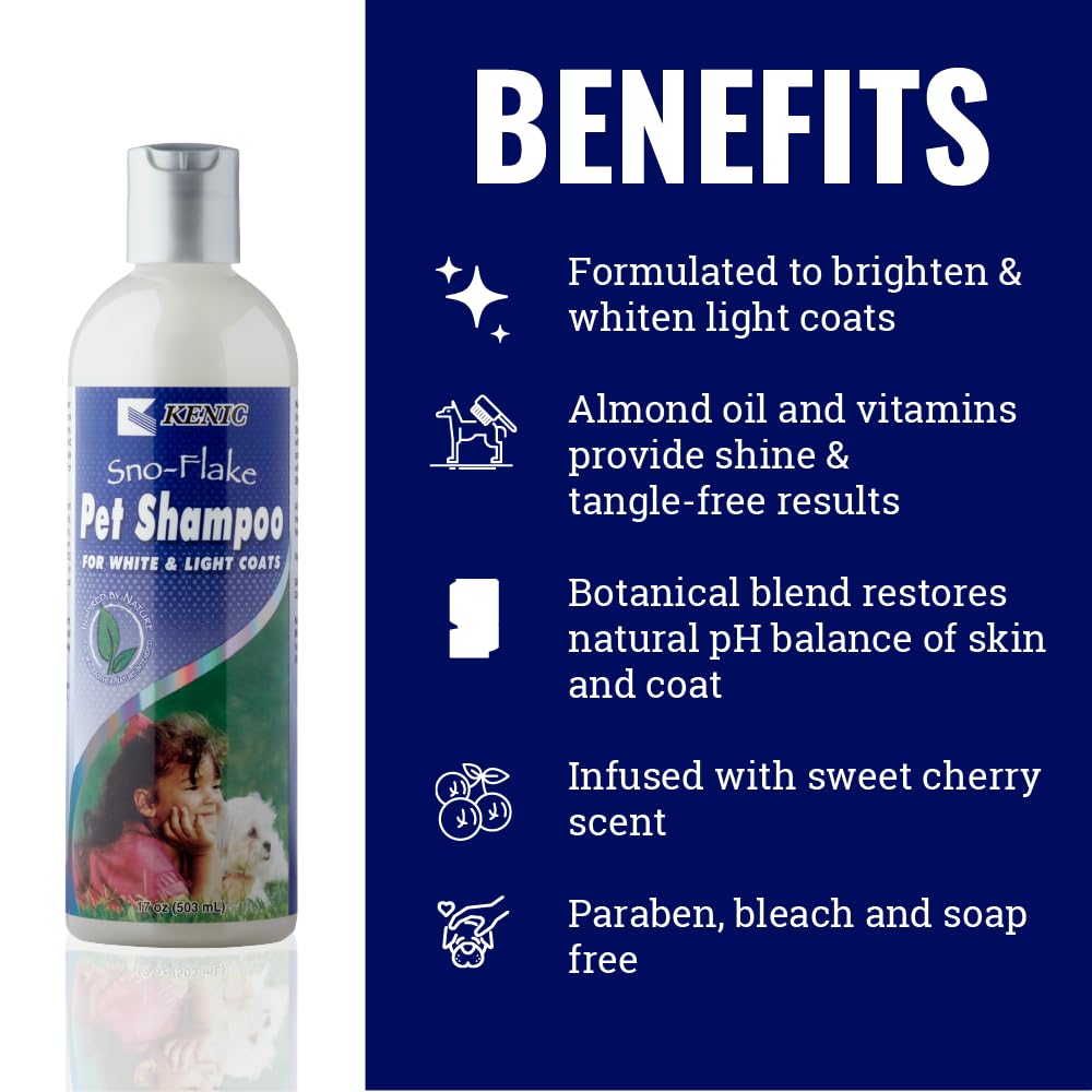 Kenic SNO-Flake Whitening Dog Shampoo, 17oz - Brightens White & Light Coats, Bleach-Free, Soap-Free, Made in USA