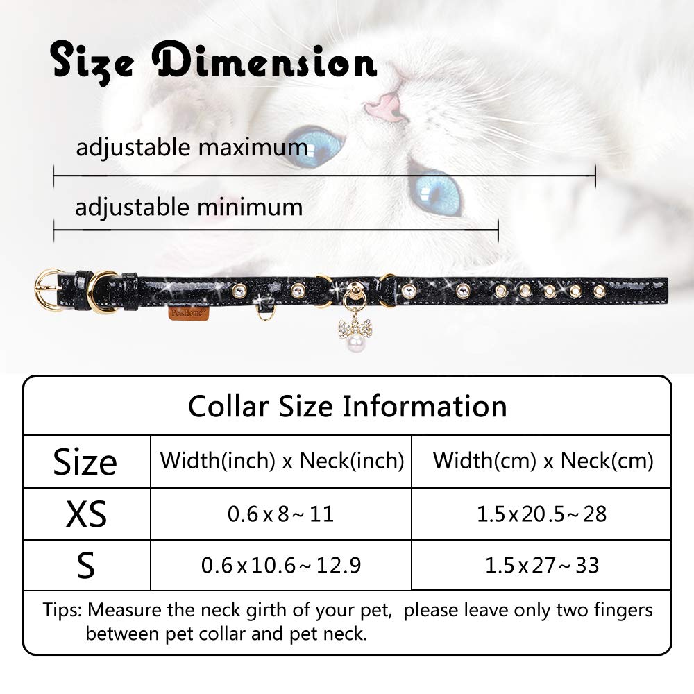 PetsHome Adjustable Cat & Dog Collar - Bling Rhinestones, PU Leather, Small, Black, Model PH-US-3085-Pet-Collar-S-BK
