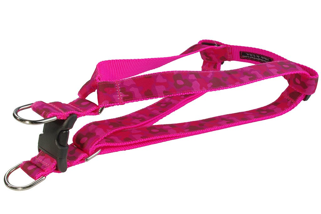 Medium Pink Camouflage Dog Harness: 3/4 Wide, Adjusts 18-24 - Made in USA.