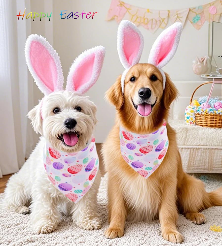 Aniac Easter Dog Headband And Egg Bandanas Set Plush Bunny Ears Costume For Small Medium Large Dog Pet Easter Costume Accessorie