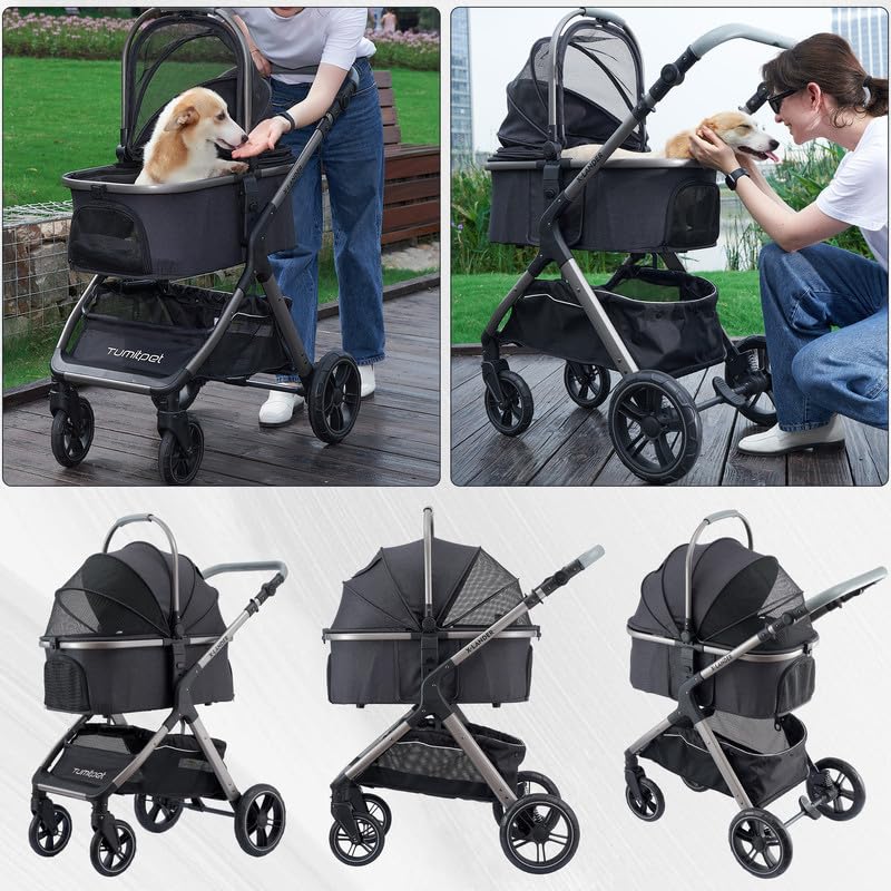 Tumitpet Pet Stroller For Small Medium Dogs, Cat Carriage Travel System Four Wheel Dog Stroller With Carrier, Zipperless Entry/C