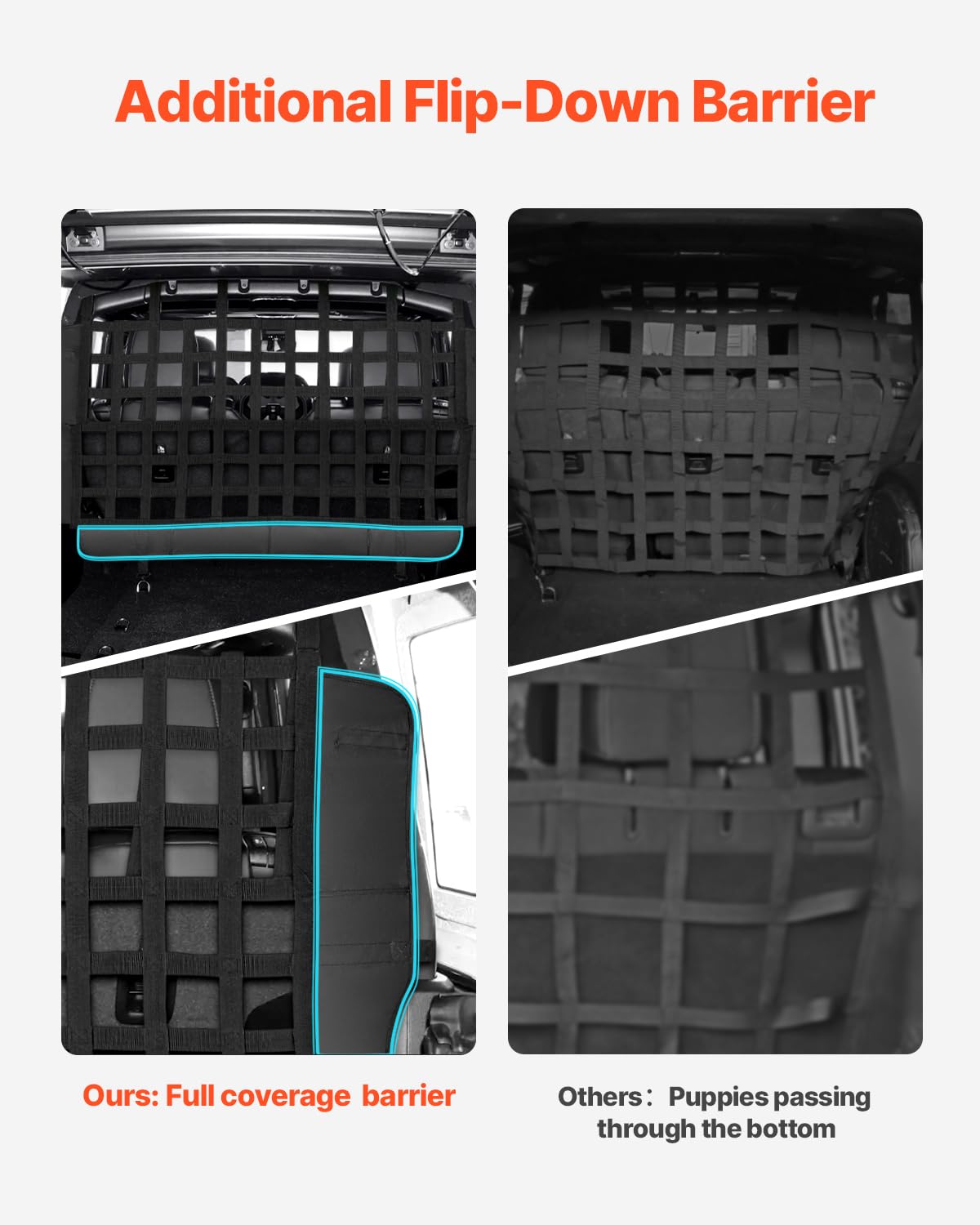 VEVOR Dog Car Barrier, Mesh Cargo Pet Net for Jeep Wrangler JK 2007-2017 JL 20018-2024, Vehicle Pet Barrier Fits Behind Rear Sea